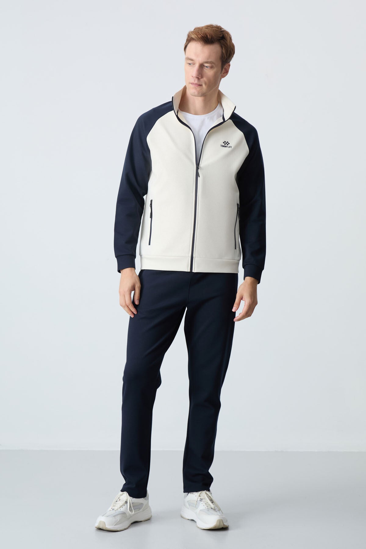 Navy Blue Thick Collar Two-Tone Comfort Fit Classic Hem Men's Tracksuit Set - 85113