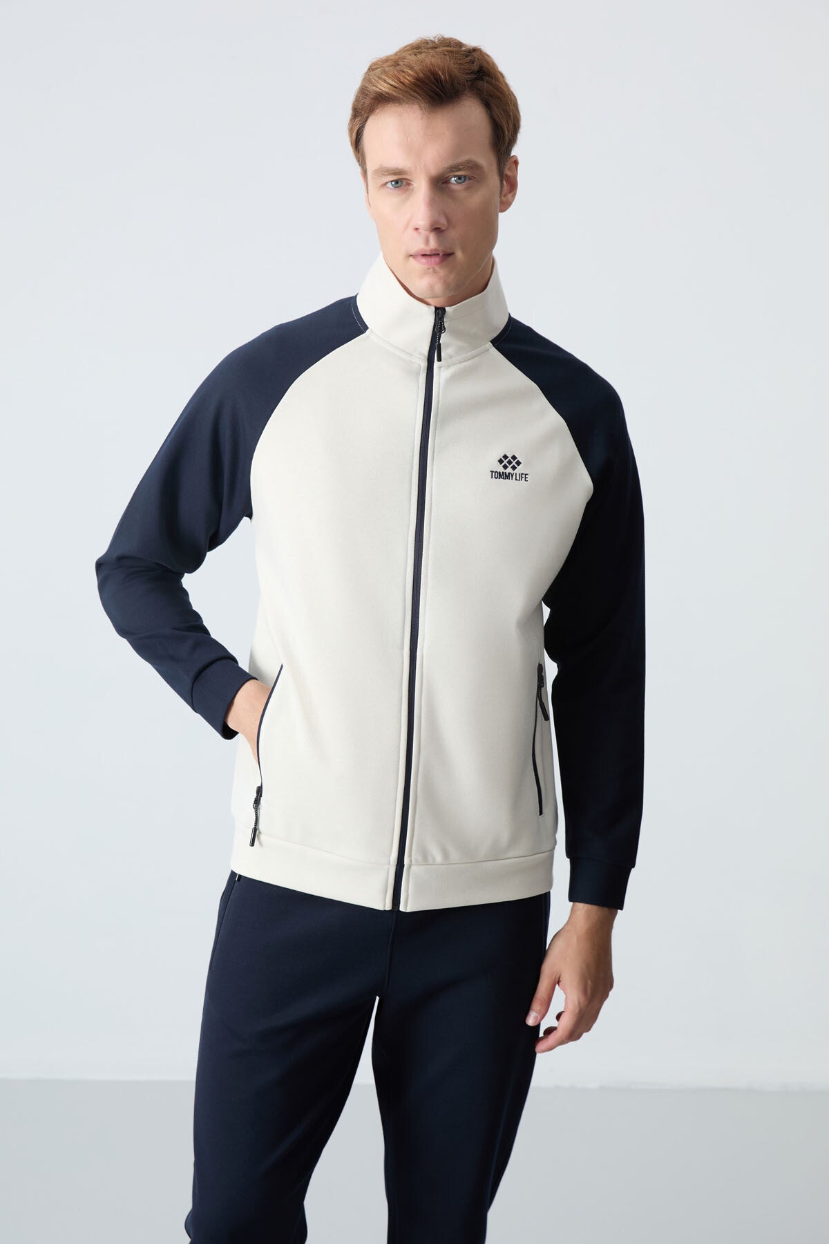 Navy Blue Thick Collar Two-Tone Comfort Fit Classic Hem Men's Tracksuit Set - 85113