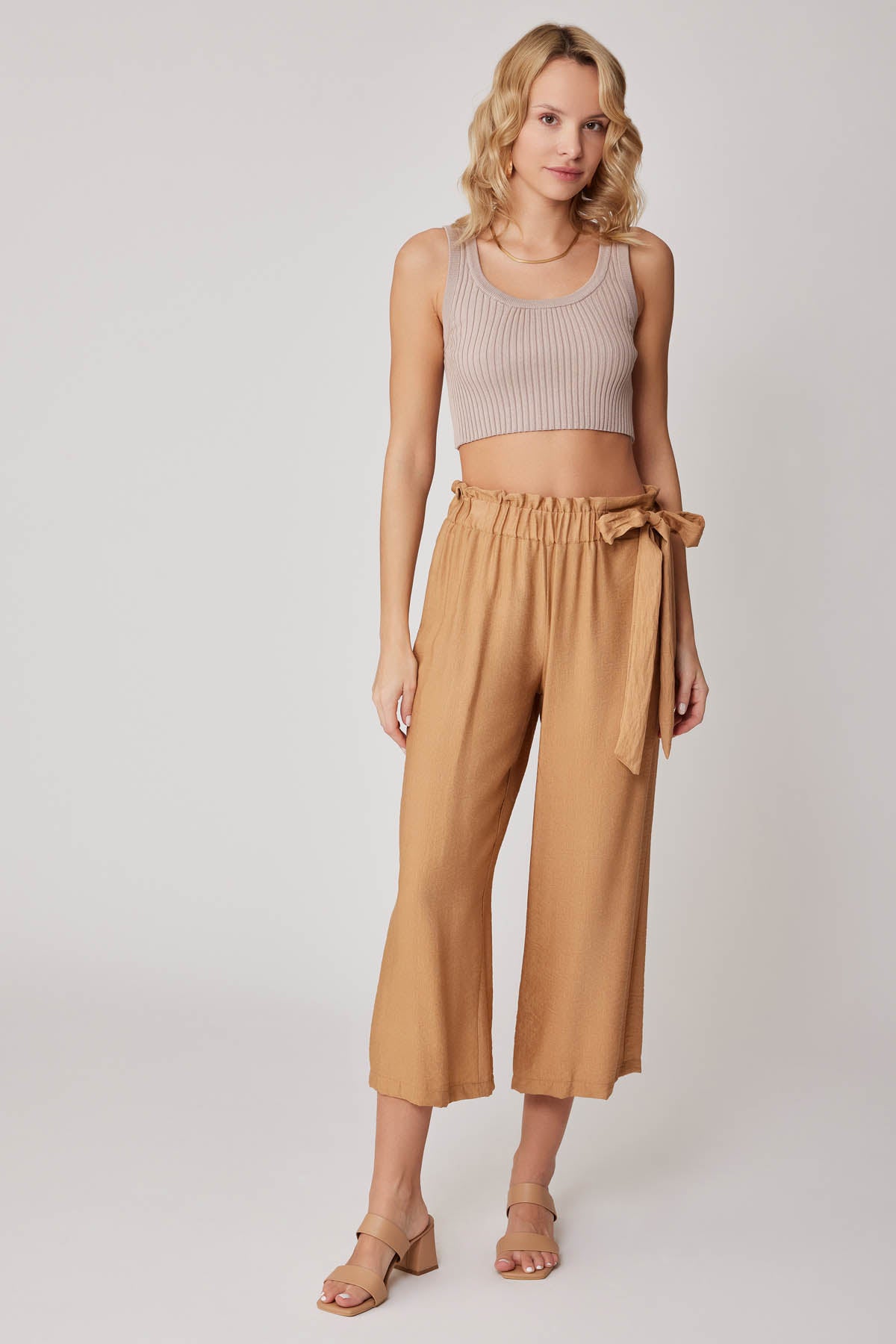 SIDE-BOW BELT WIDE-LEG CROP TROUSERS
