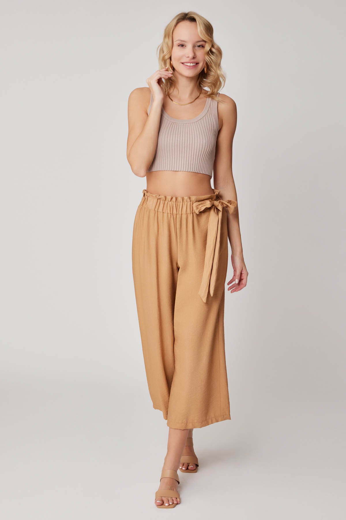 SIDE-BOW BELT WIDE-LEG CROP TROUSERS