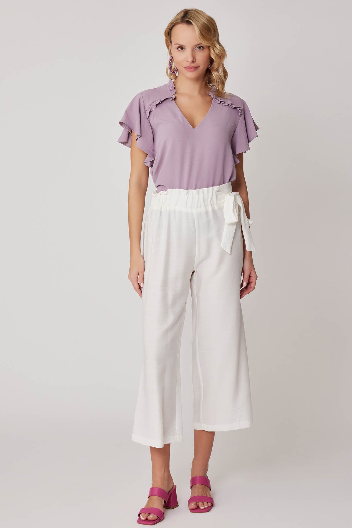 SIDE-BOW BELT WIDE-LEG CROP TROUSERS