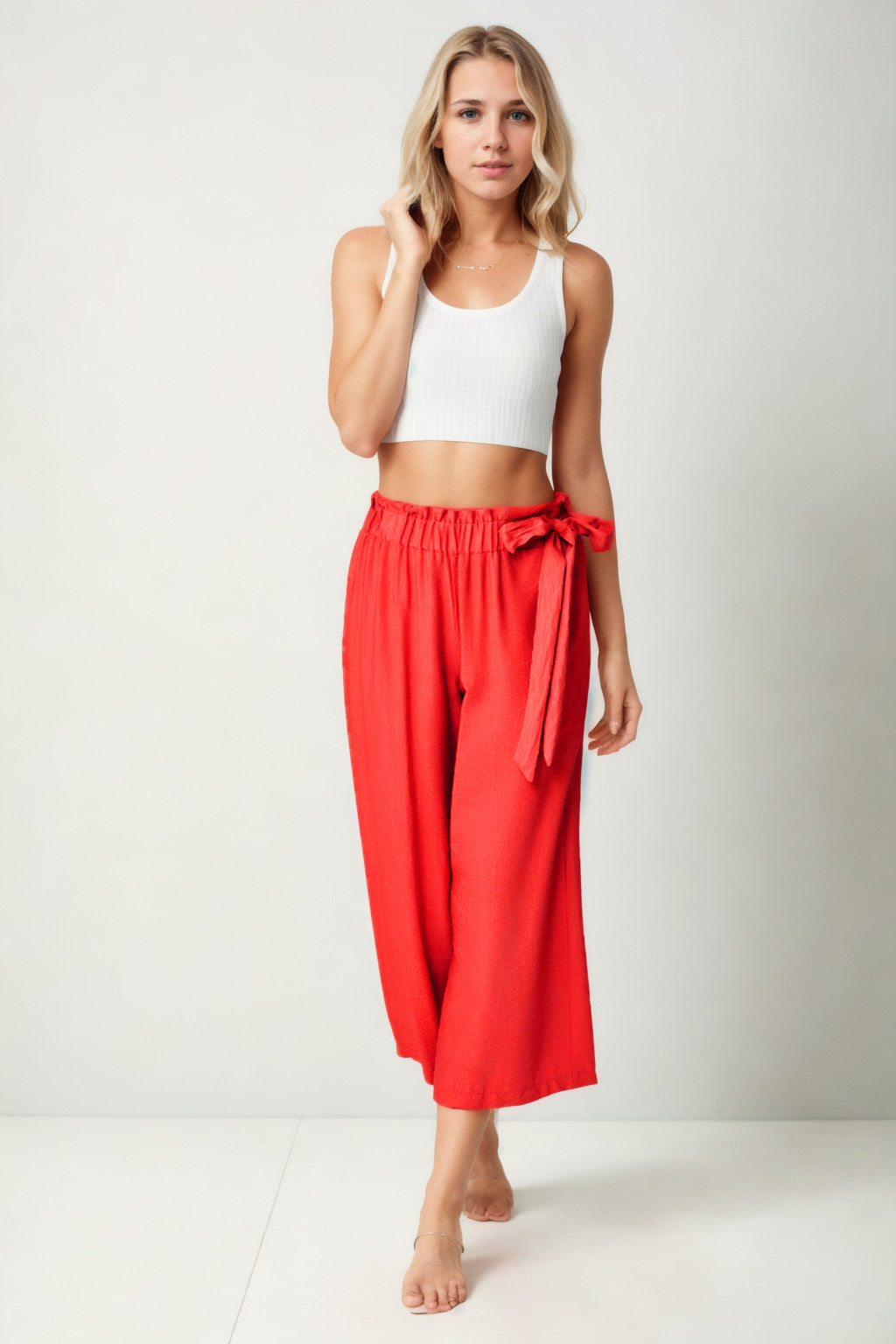 SIDE-BOW BELT WIDE-LEG CROP TROUSERS