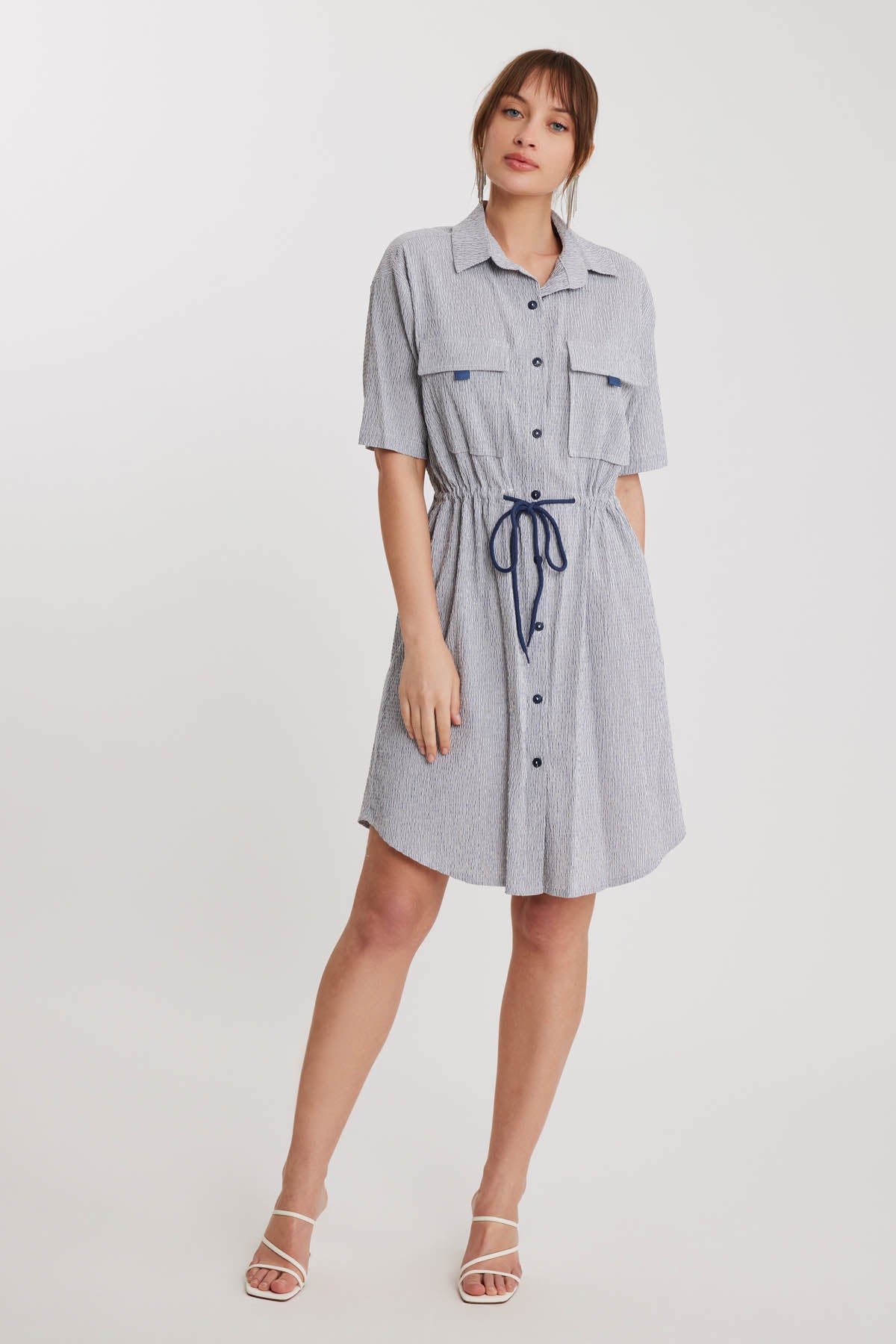 WAIST DRAWSTRING DRESS WITH SHORT SLEEVE