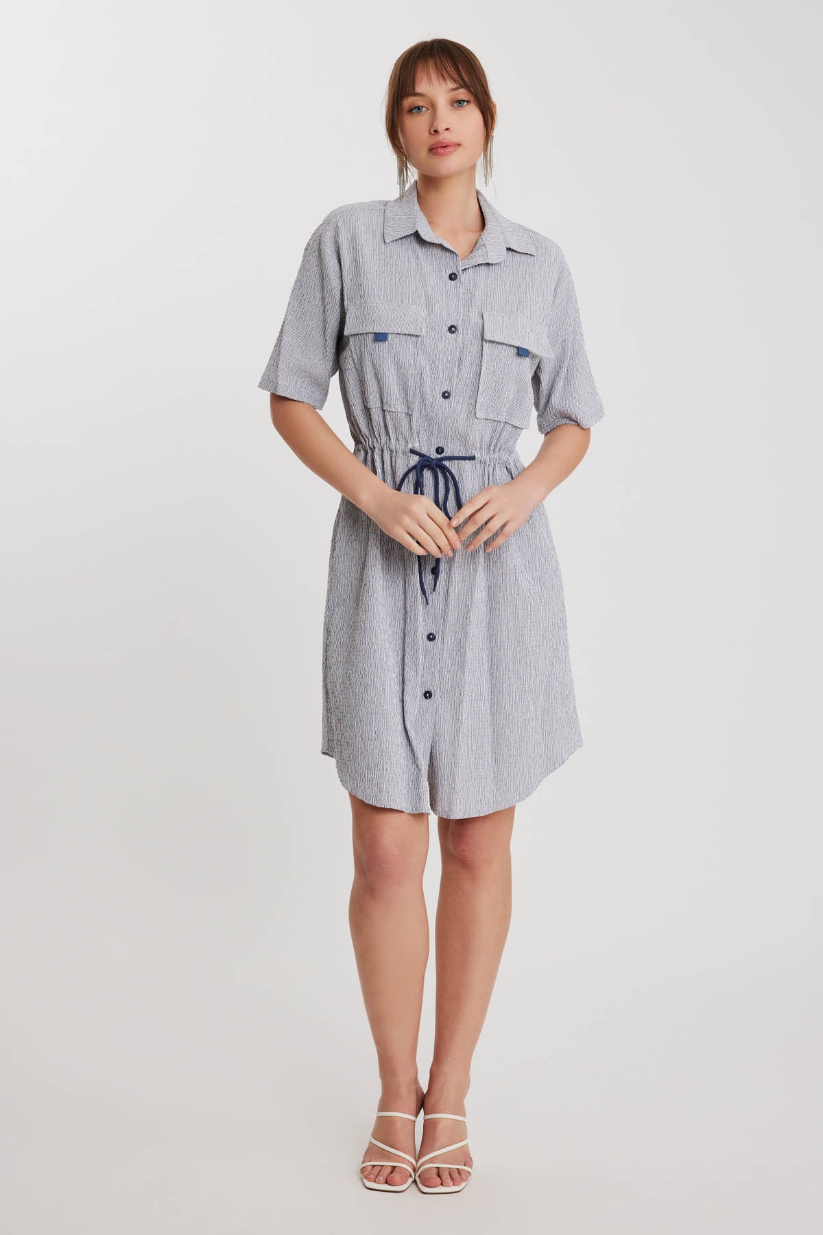 WAIST DRAWSTRING DRESS WITH SHORT SLEEVE