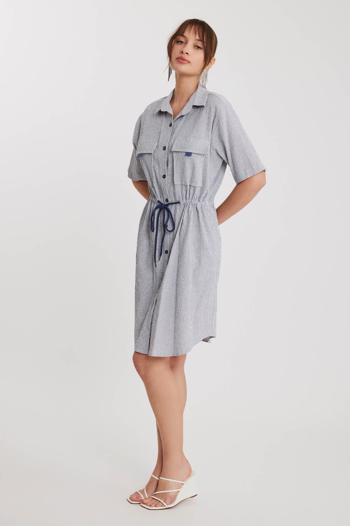 WAIST DRAWSTRING DRESS WITH SHORT SLEEVE