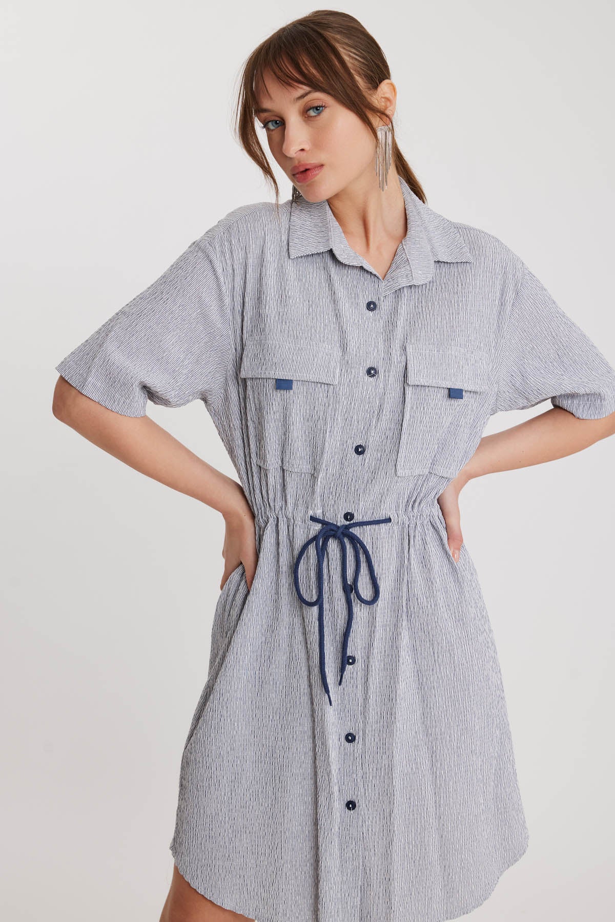 WAIST DRAWSTRING DRESS WITH SHORT SLEEVE