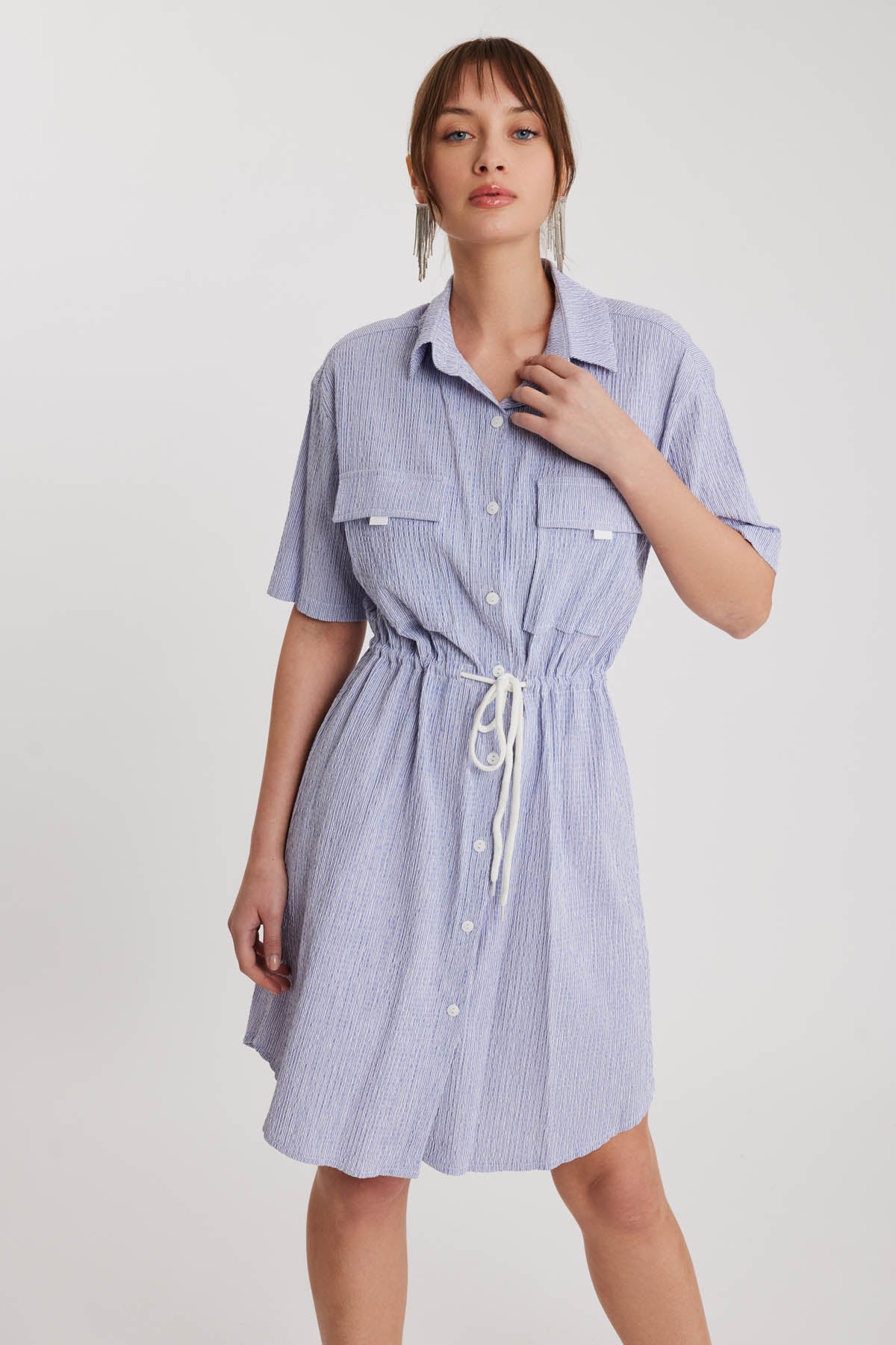 WAIST DRAWSTRING DRESS WITH SHORT SLEEVE