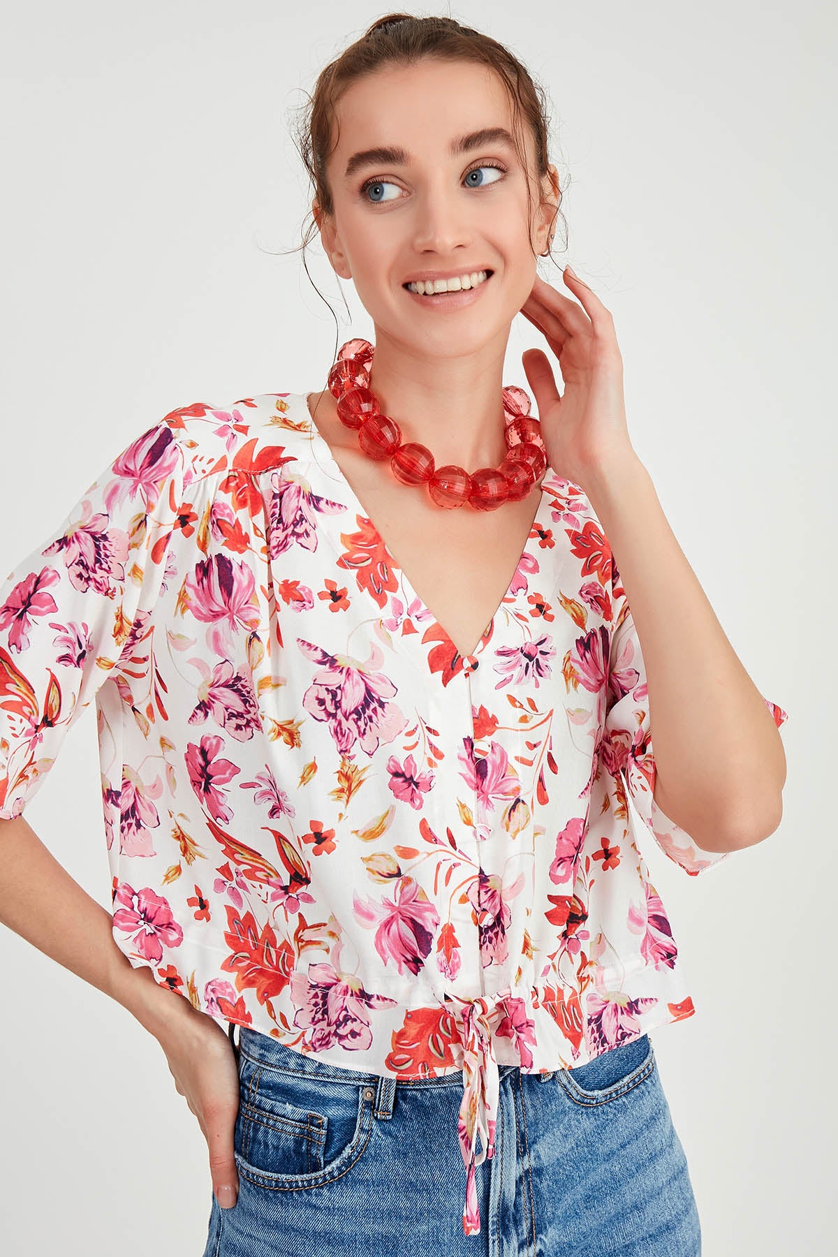 SALSA BLOUSE WITH FLOWER CLAD WITH WAIST BINDING