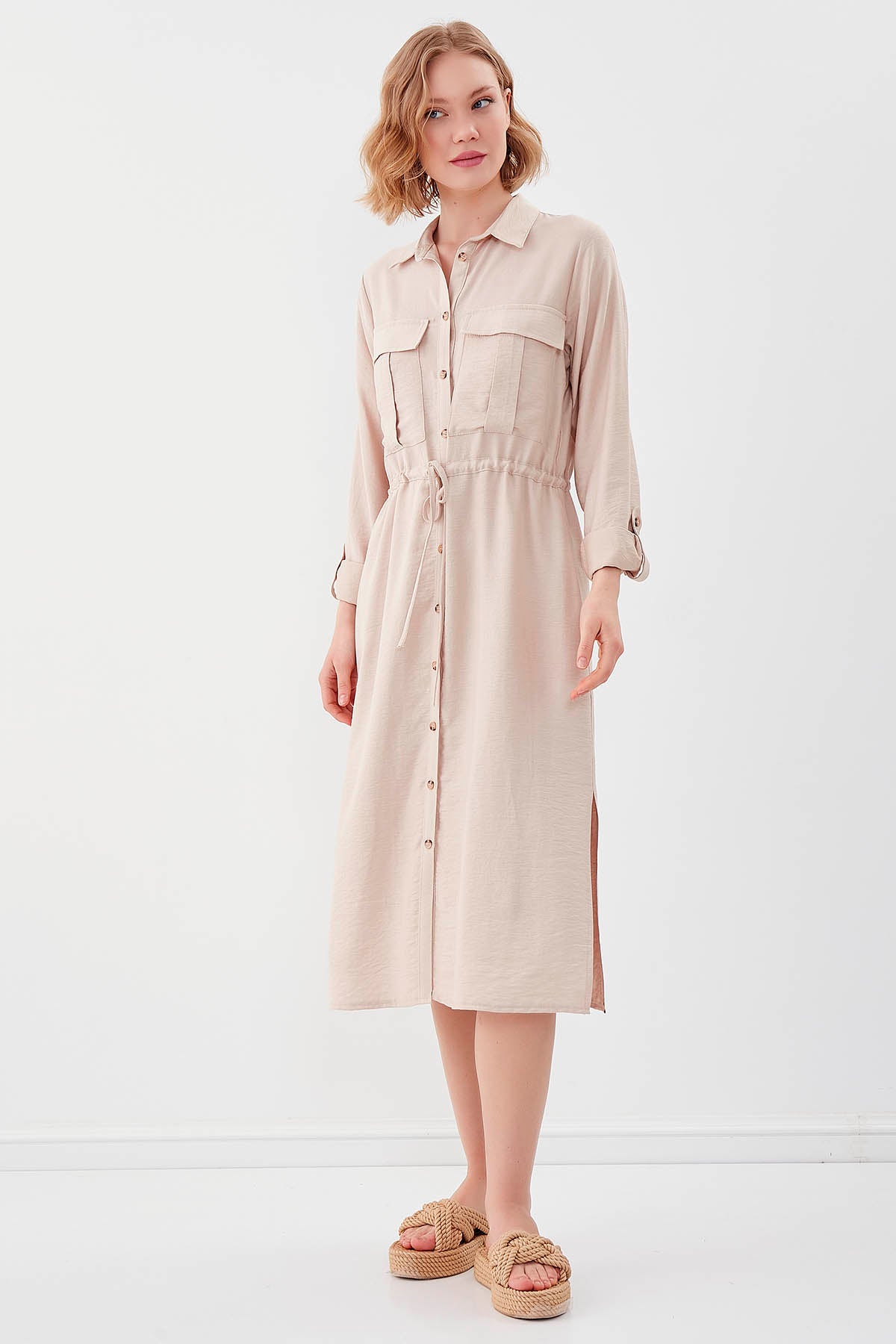 DUAL POCKET SHIRT DRESS WITH TIE-UP