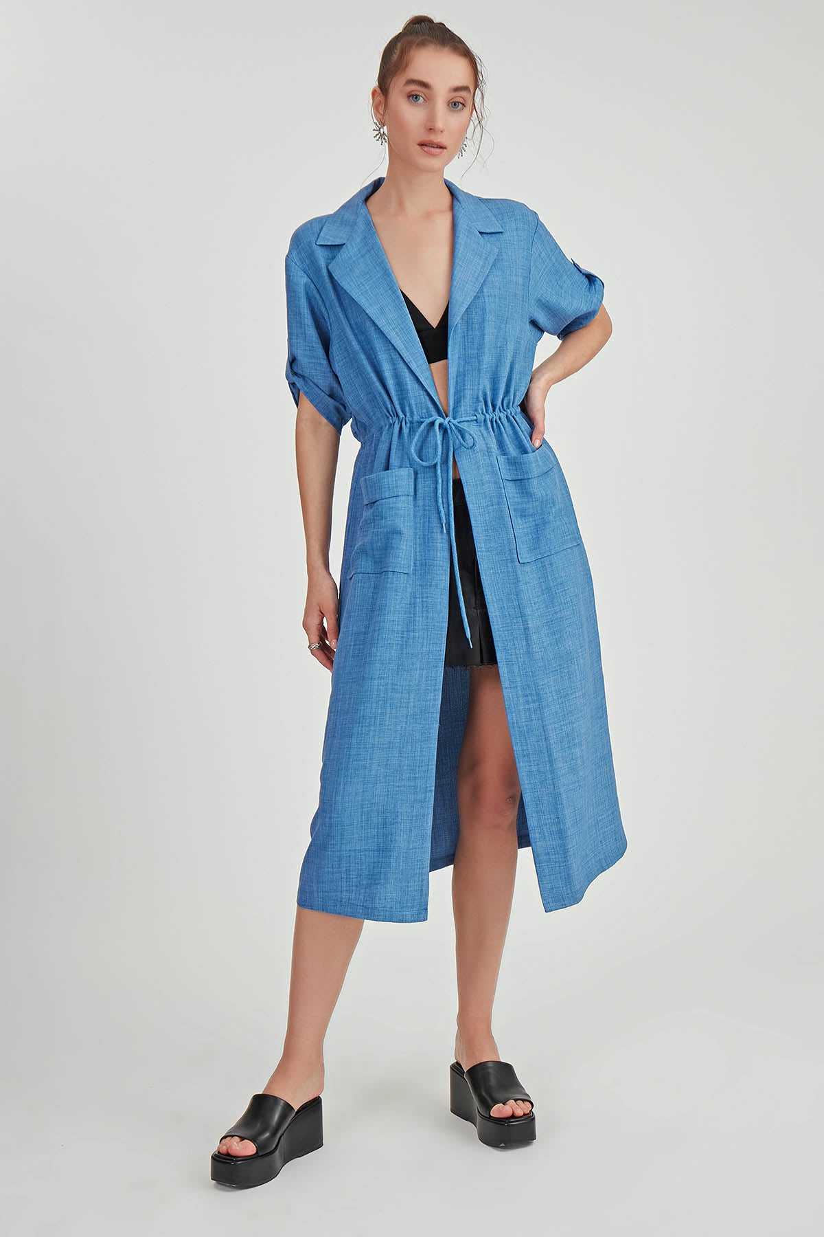 DOUBLE POCKET LOOSE CARDIGAN WITH WAIST TIE
