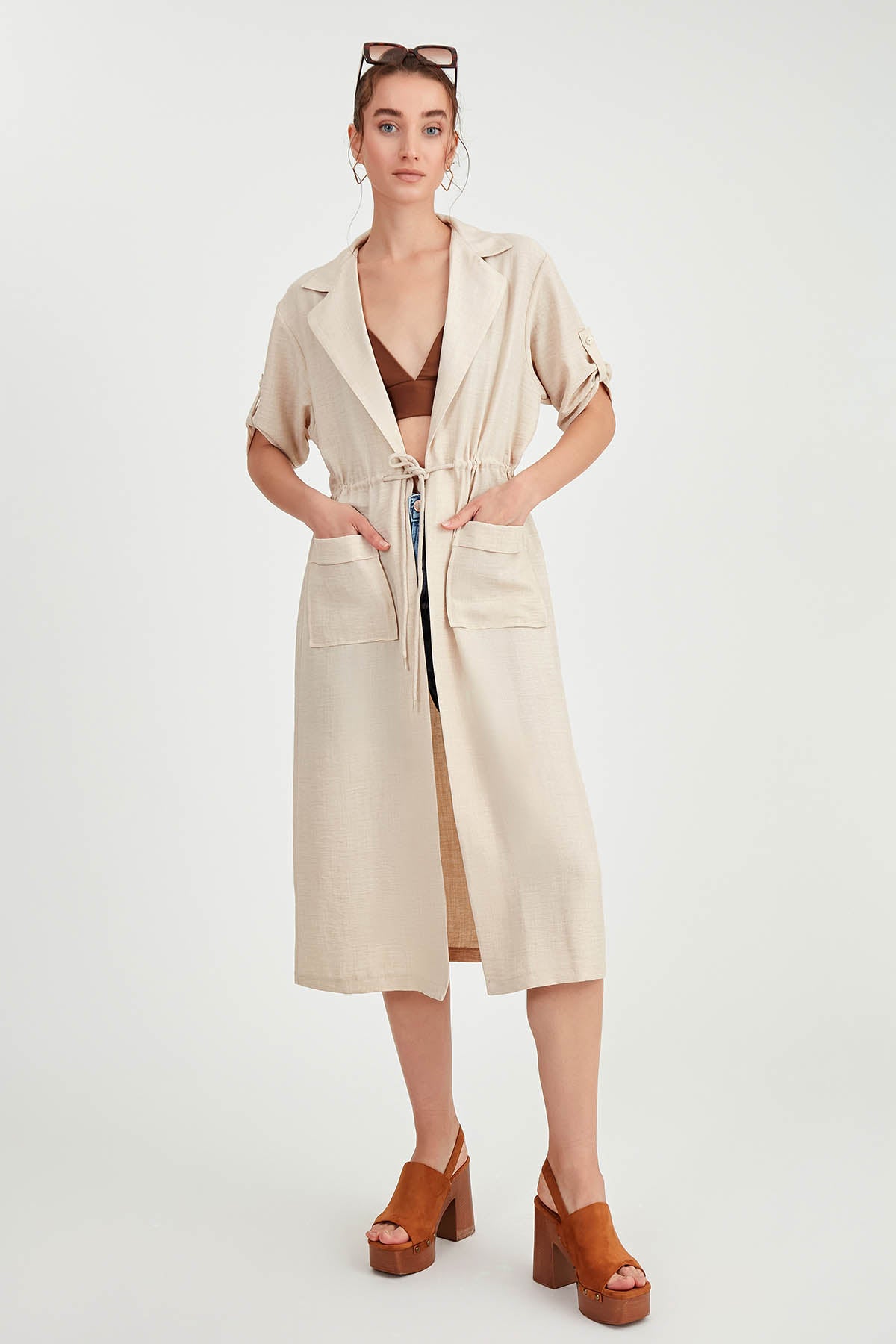 DOUBLE POCKET LOOSE CARDIGAN WITH WAIST TIE