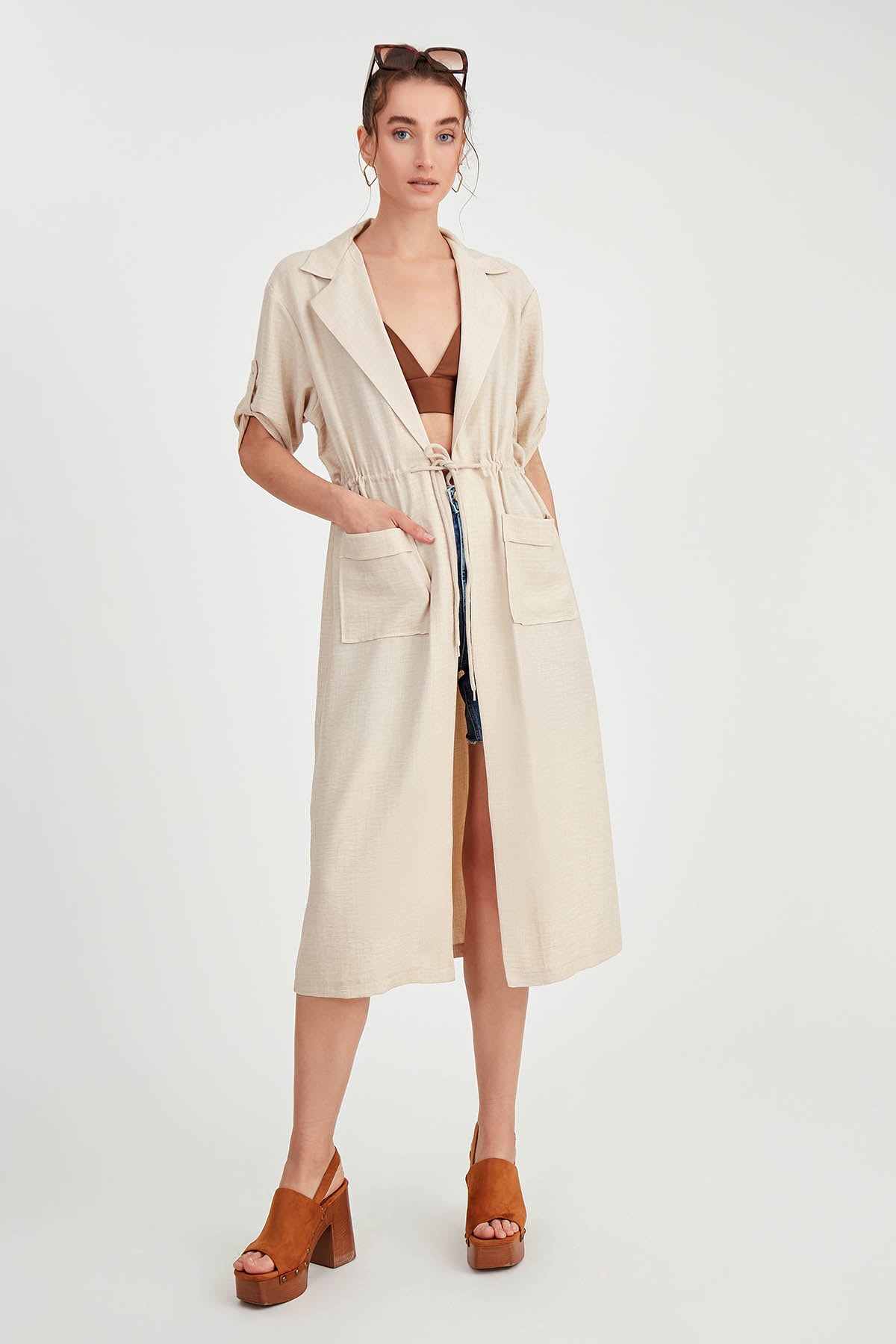 DOUBLE POCKET LOOSE CARDIGAN WITH WAIST TIE
