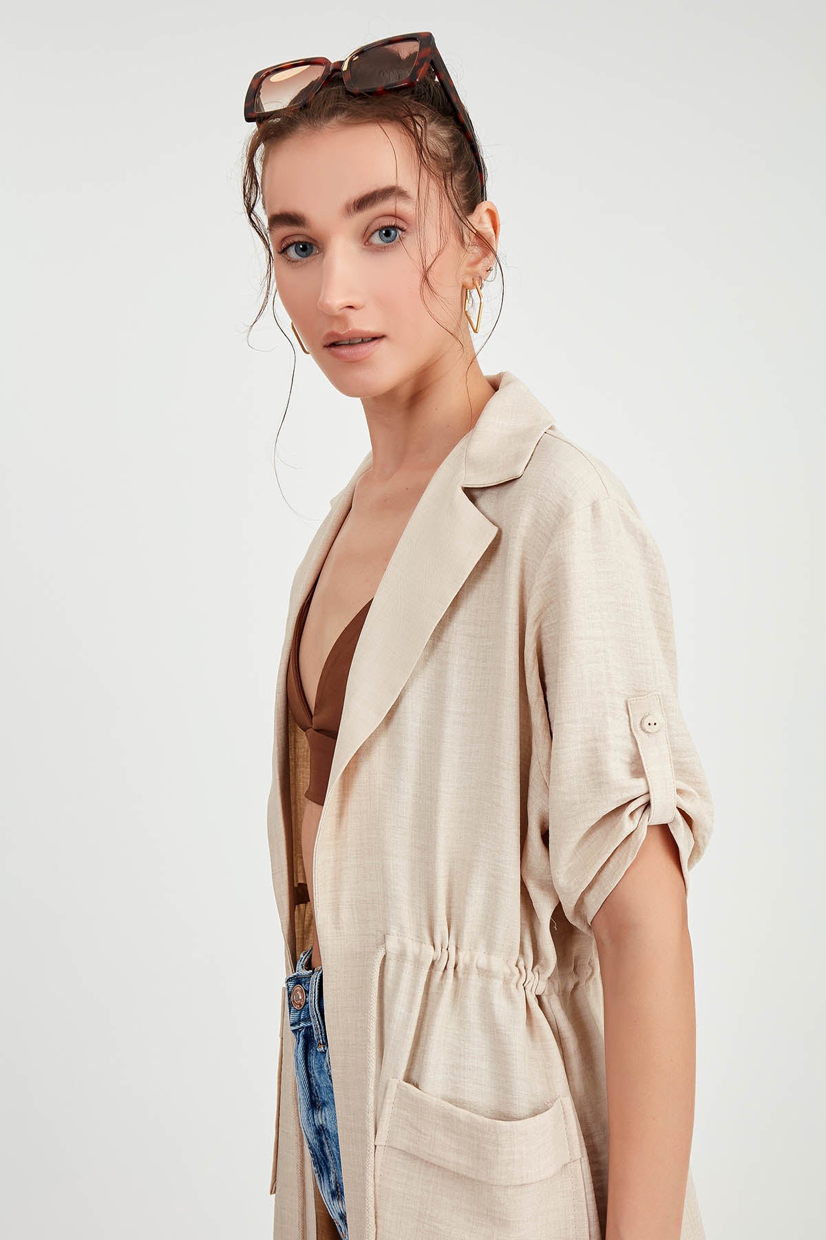 DOUBLE POCKET LOOSE CARDIGAN WITH WAIST TIE