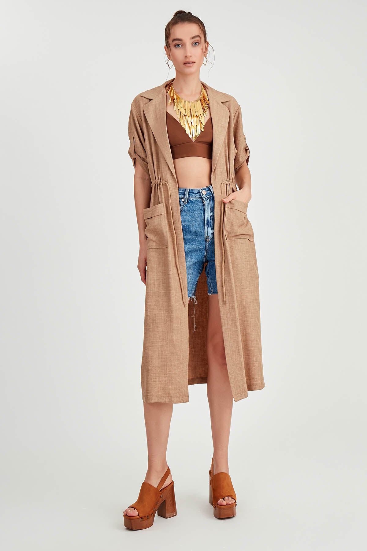 DOUBLE POCKET LOOSE CARDIGAN WITH WAIST TIE