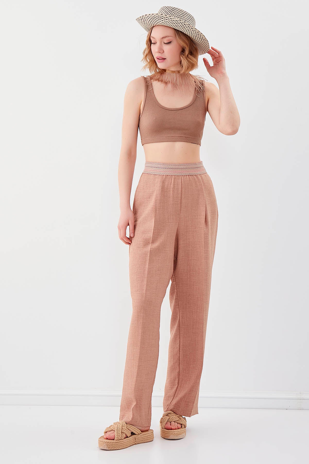 RIBBON-PATTERNED WIDE-LEG TROUSERS WITH ELASTANE WAIST