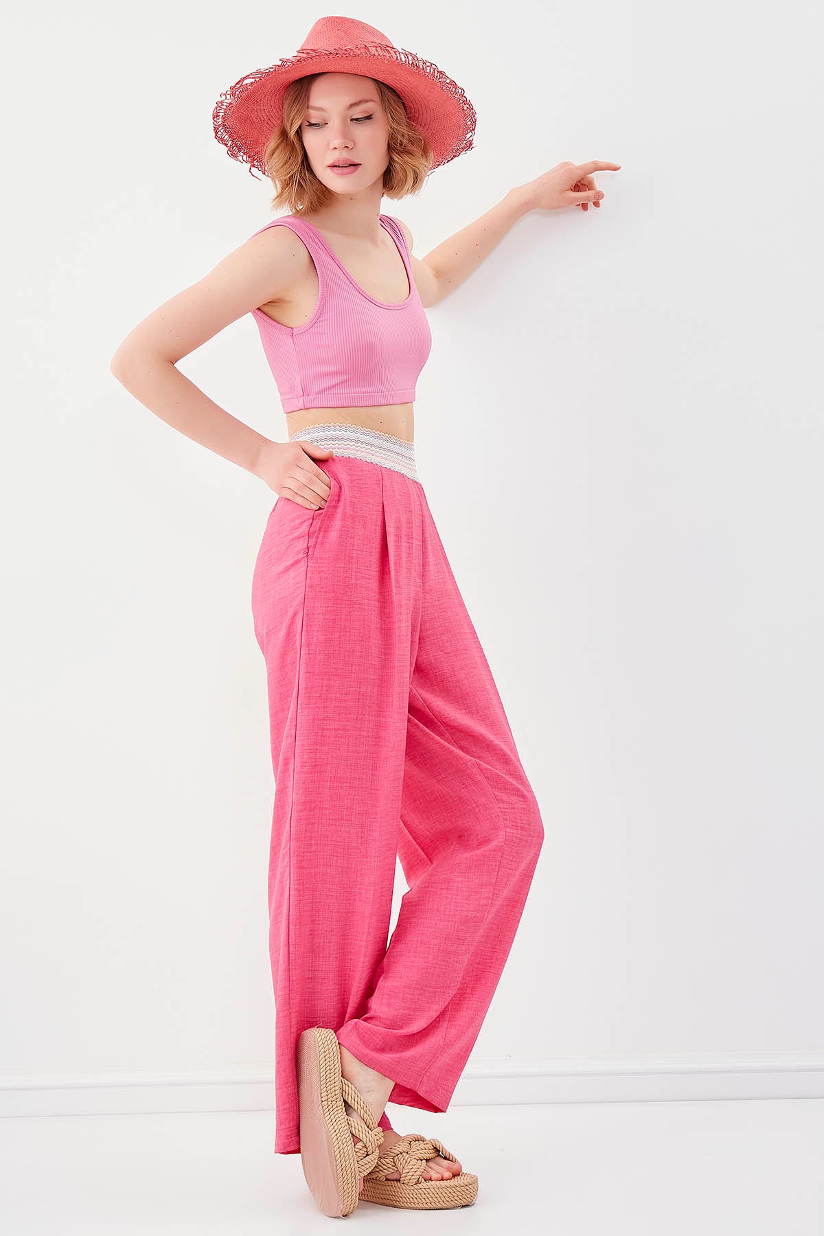 RIBBON-PATTERNED WIDE-LEG TROUSERS WITH ELASTANE WAIST