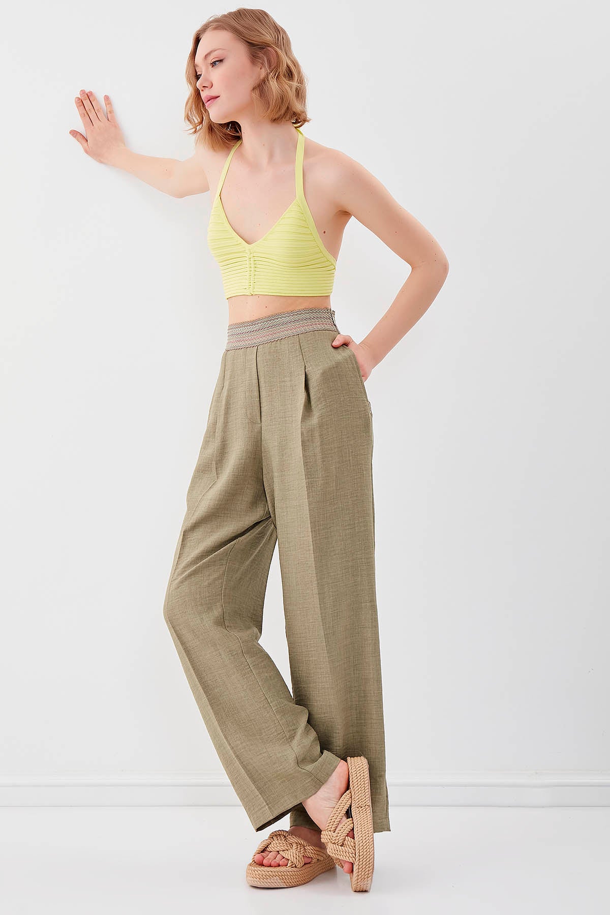 RIBBON-PATTERNED WIDE-LEG TROUSERS WITH ELASTANE WAIST
