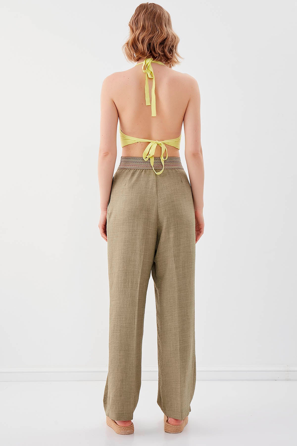 RIBBON-PATTERNED WIDE-LEG TROUSERS WITH ELASTANE WAIST