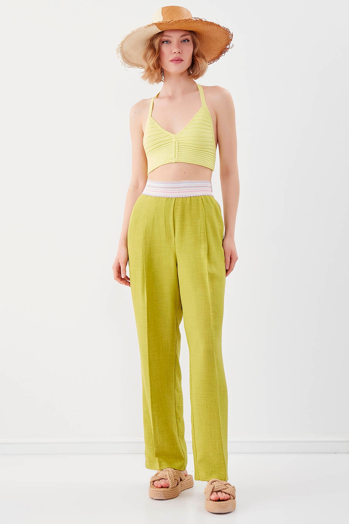 RIBBON-PATTERNED WIDE-LEG TROUSERS WITH ELASTANE WAIST