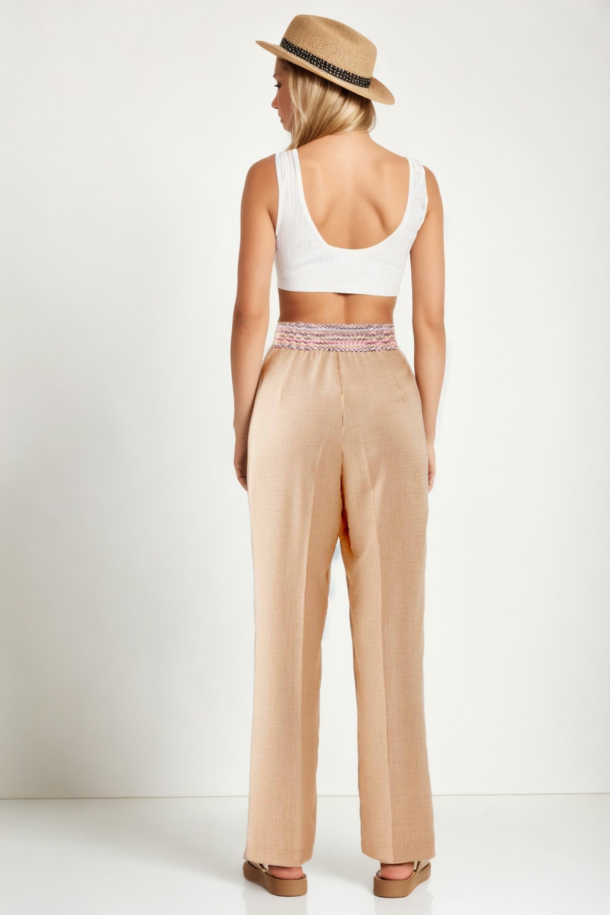 RIBBON-PATTERNED WIDE-LEG TROUSERS WITH ELASTANE WAIST
