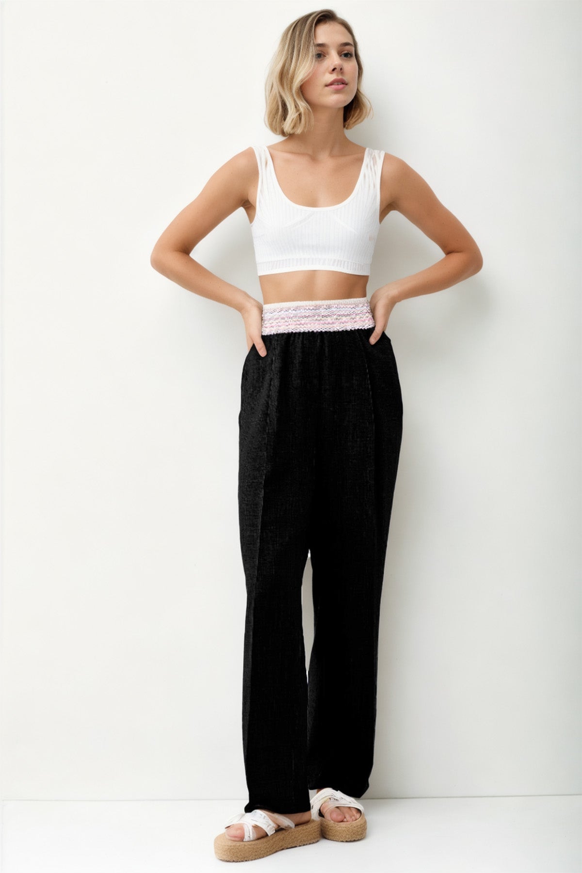 RIBBON-PATTERNED WIDE-LEG TROUSERS WITH ELASTANE WAIST