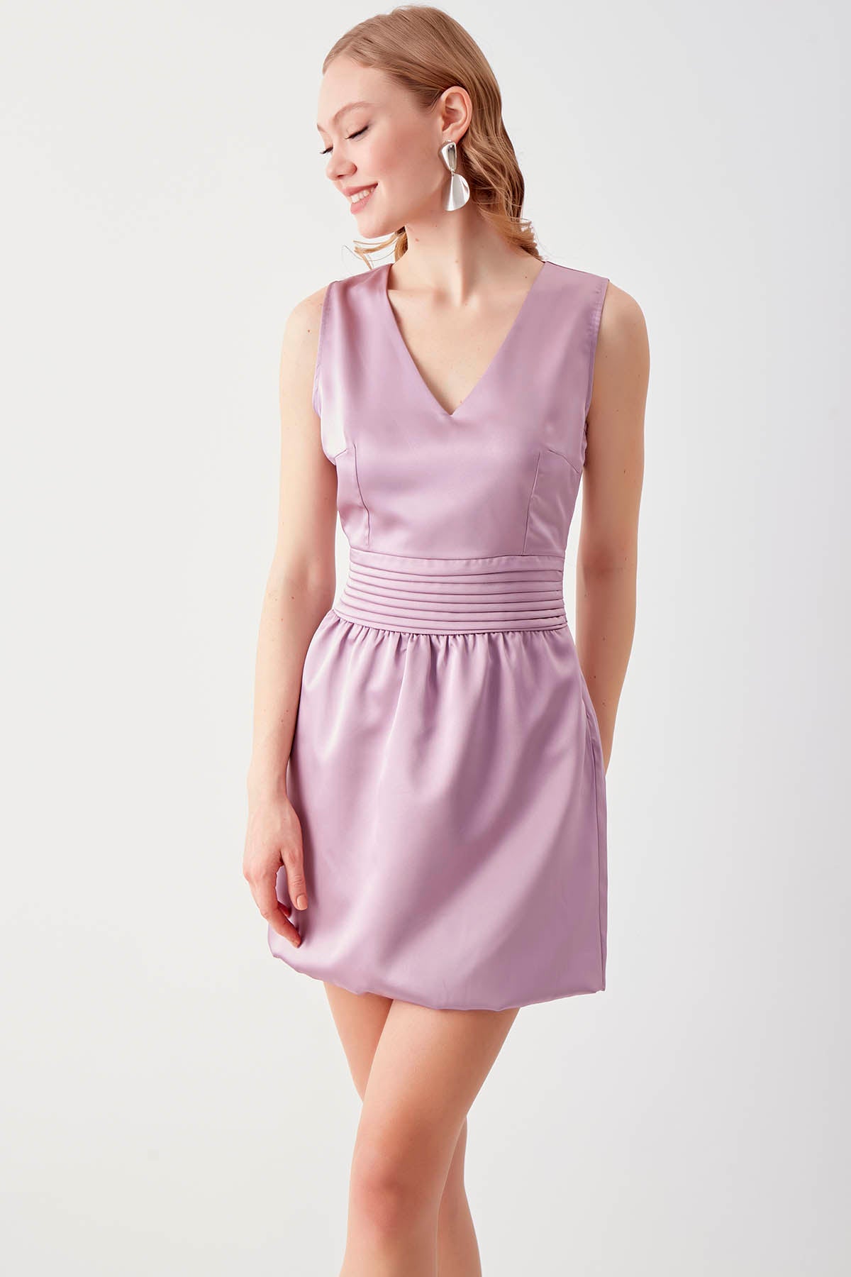 WAIST DETAILED V COLLAR DRESS