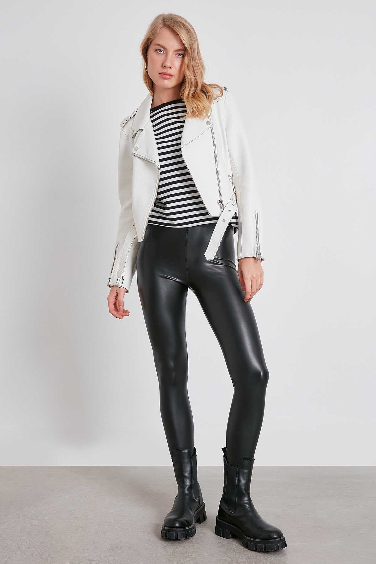 WAIST ELASTANE FIT FAUX LEATHER TIGHTS