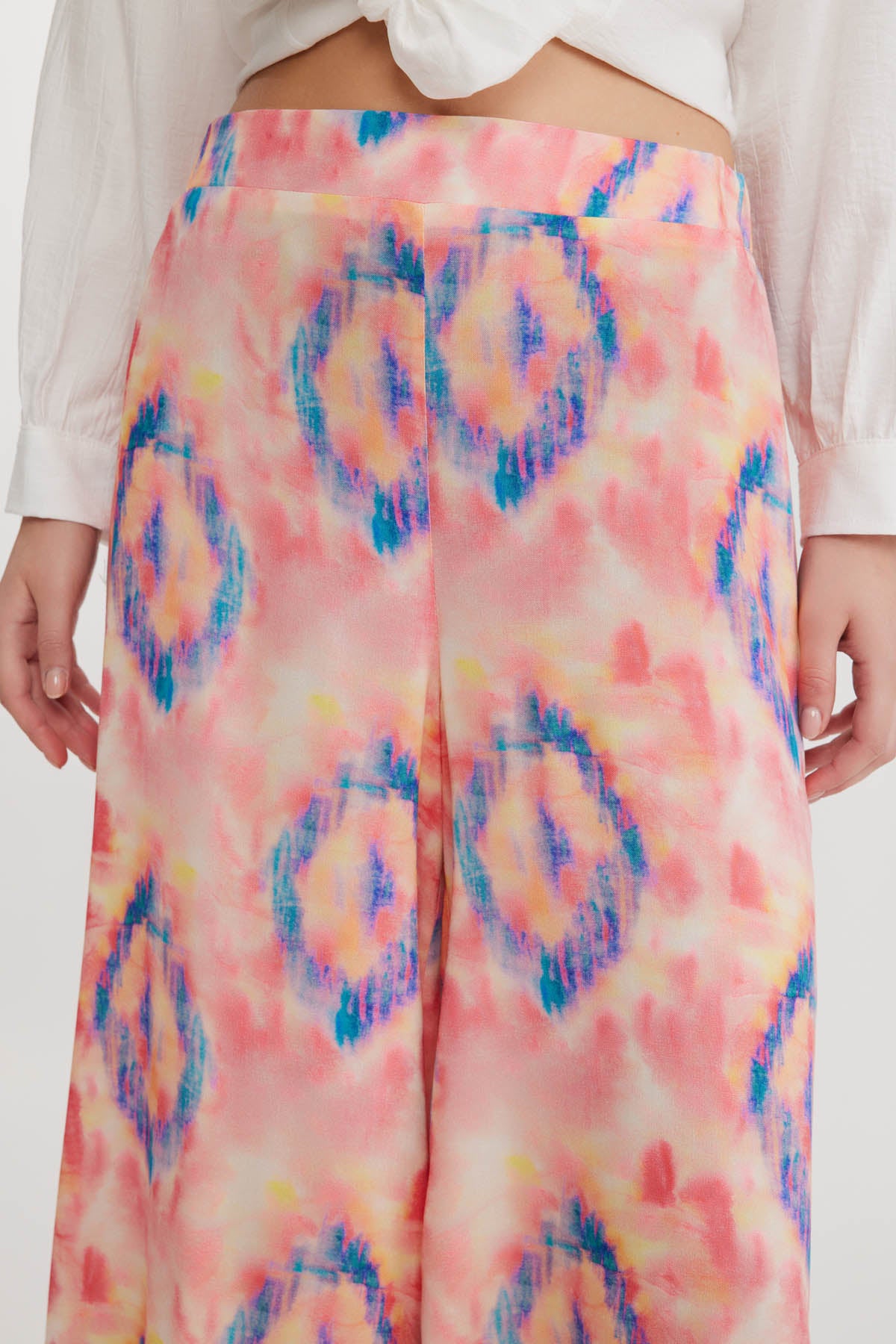 BELGIAN STYLE ELASTANE WAIST WIDE-LEG BOHEMIAN COLORED PATTERN TROUSERS
