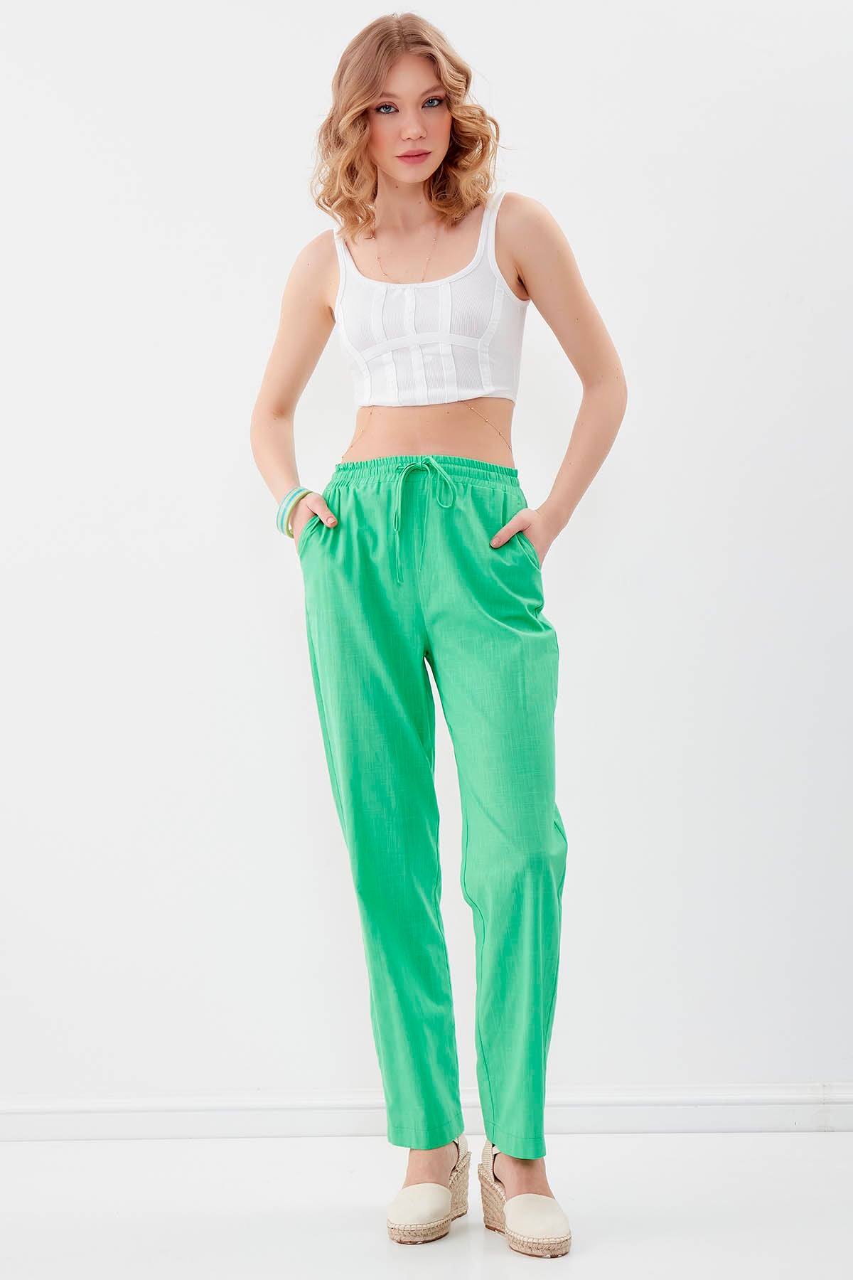 VISCOSE LINEN COMFORTABLE TROUSERS WITH ELASTANE WAIST