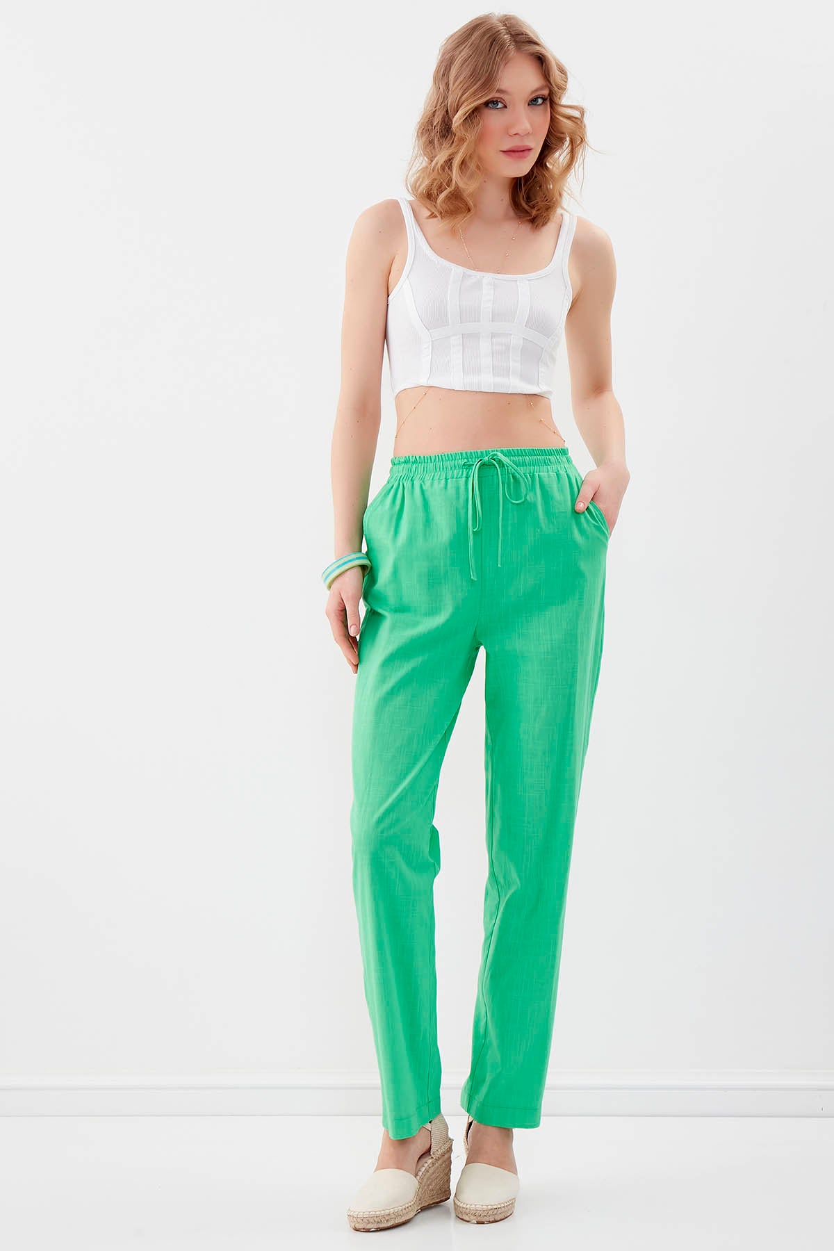 VISCOSE LINEN COMFORTABLE TROUSERS WITH ELASTANE WAIST