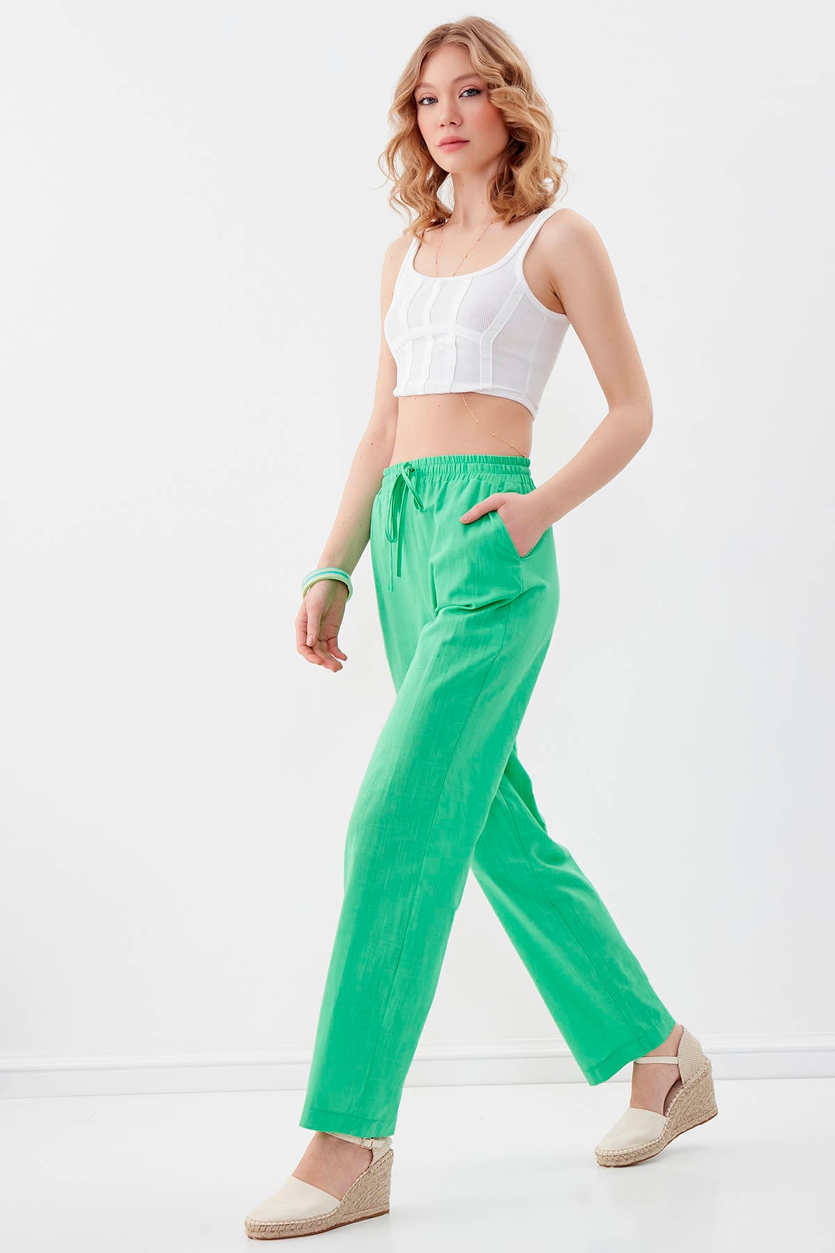 VISCOSE LINEN COMFORTABLE TROUSERS WITH ELASTANE WAIST