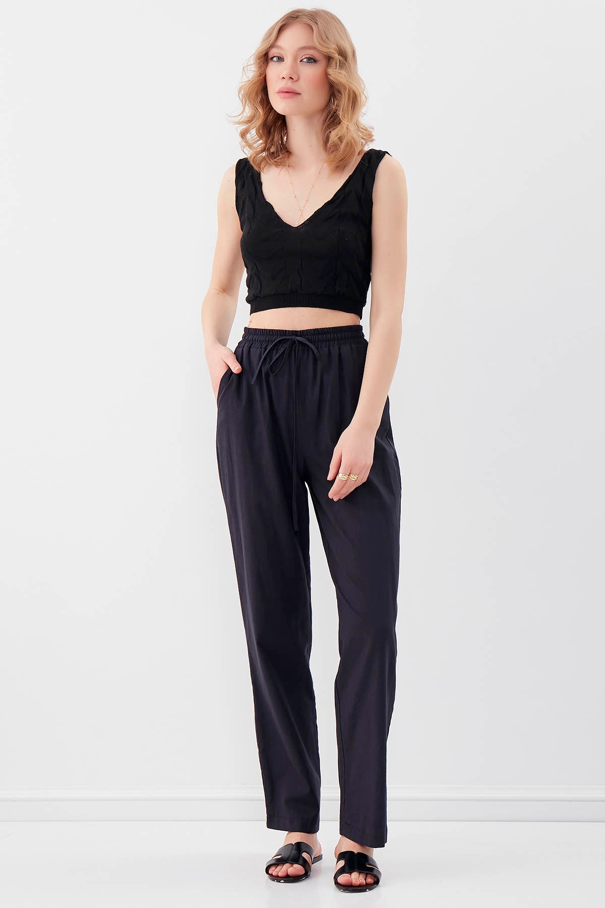VISCOSE LINEN COMFORTABLE TROUSERS WITH ELASTANE WAIST