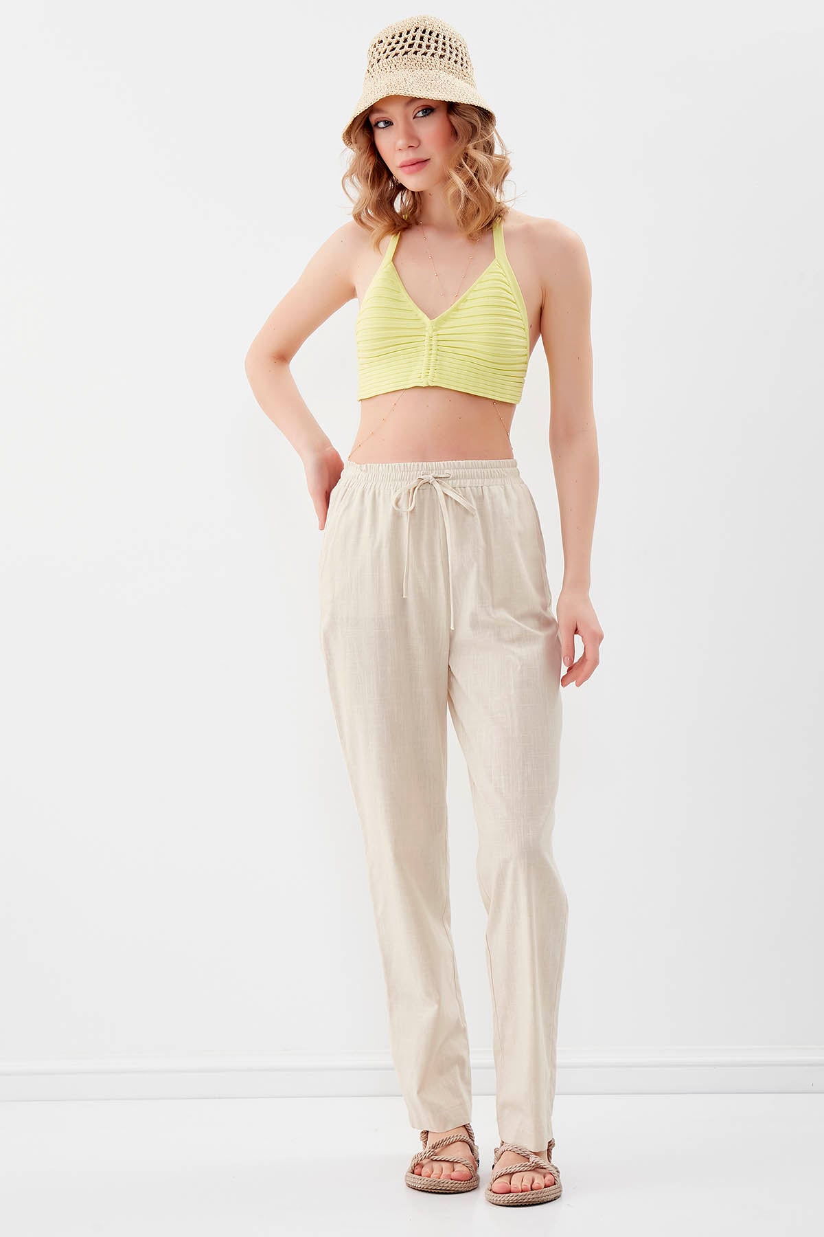 VISCOSE LINEN COMFORTABLE TROUSERS WITH ELASTANE WAIST