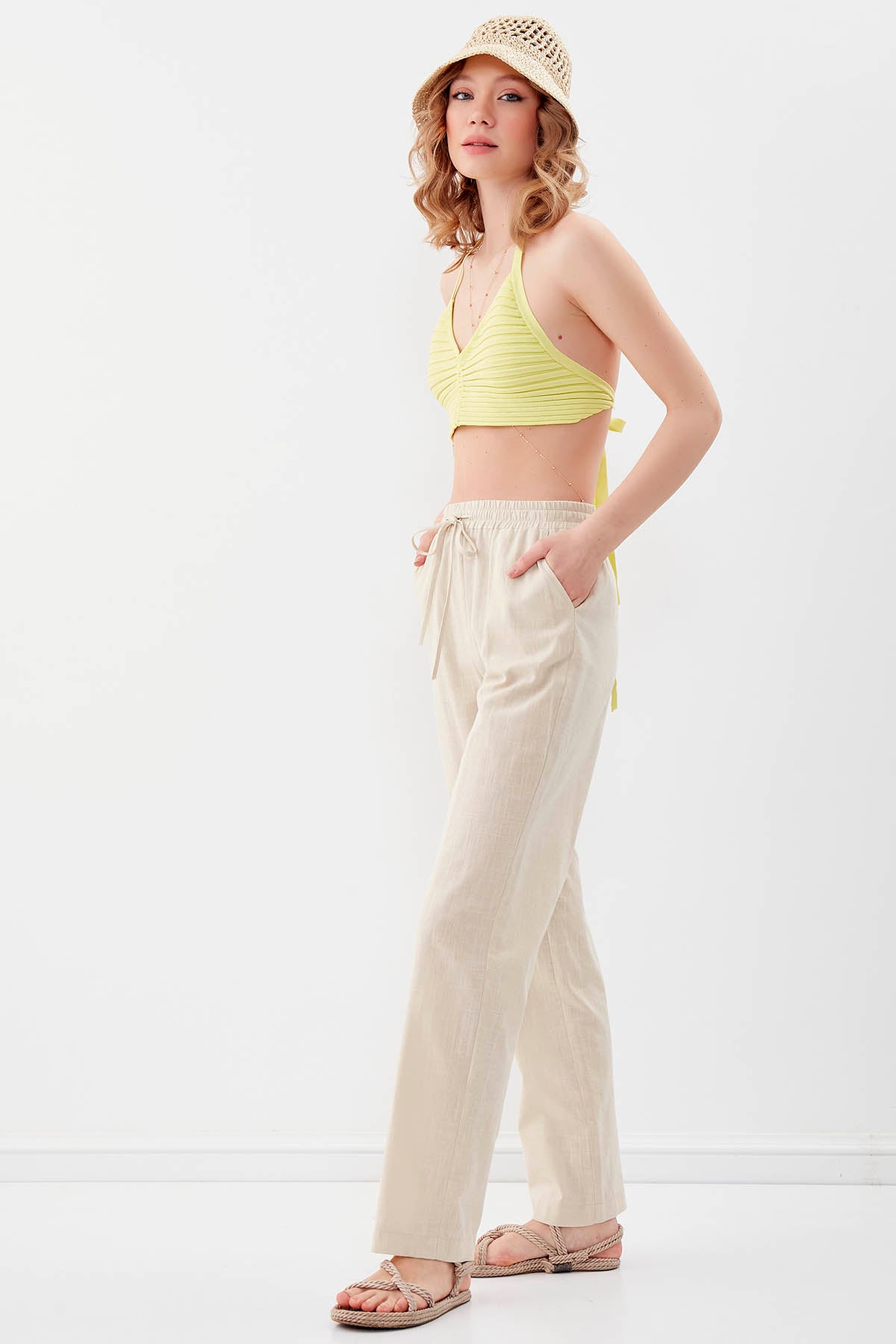 VISCOSE LINEN COMFORTABLE TROUSERS WITH ELASTANE WAIST