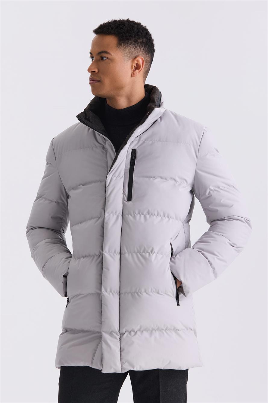 Stone Regular Fit Judge Collar Zipped Winter Bloated Jacket