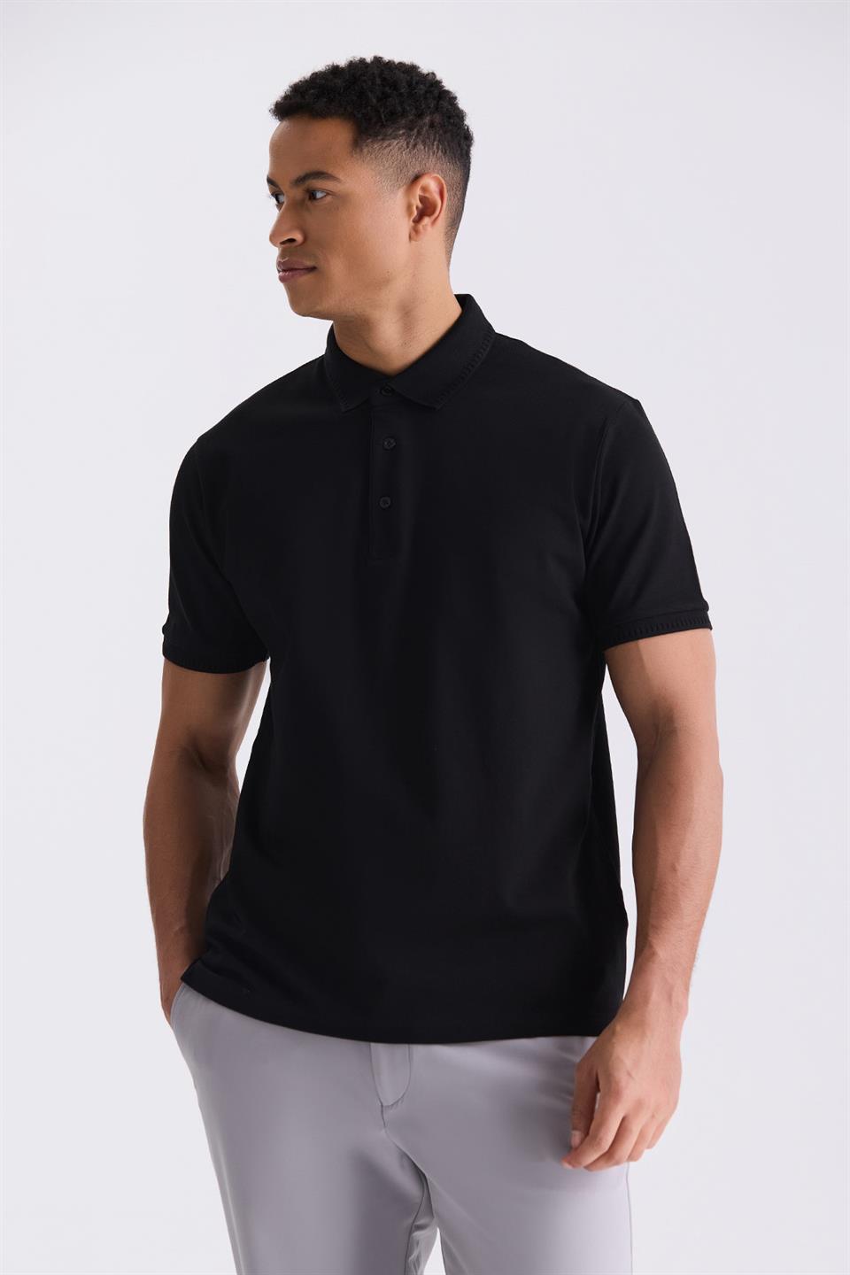 Black Slim Fit 100% Cotton Mercerize Polo Collar T Shirt