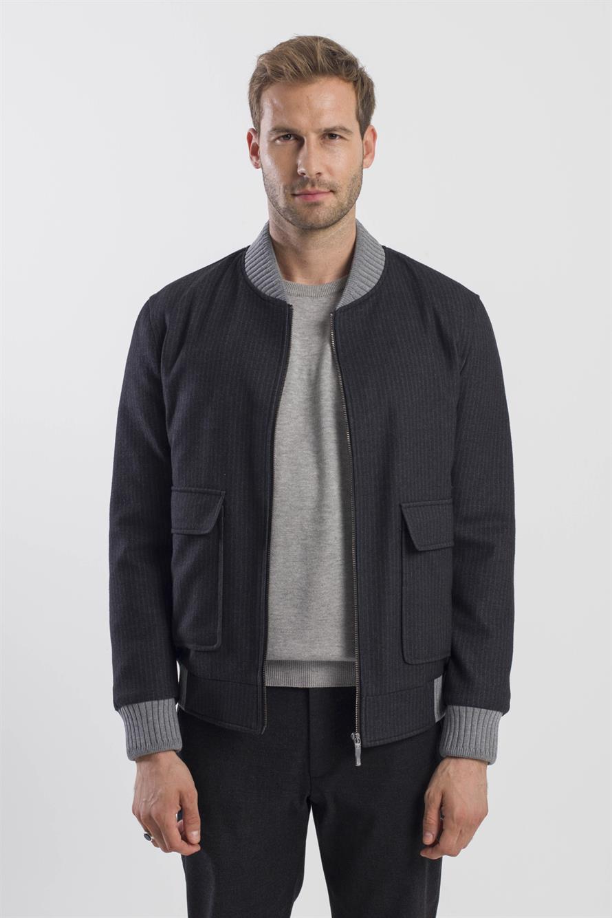 Black Comfort Fit College Collar Striped Jacket