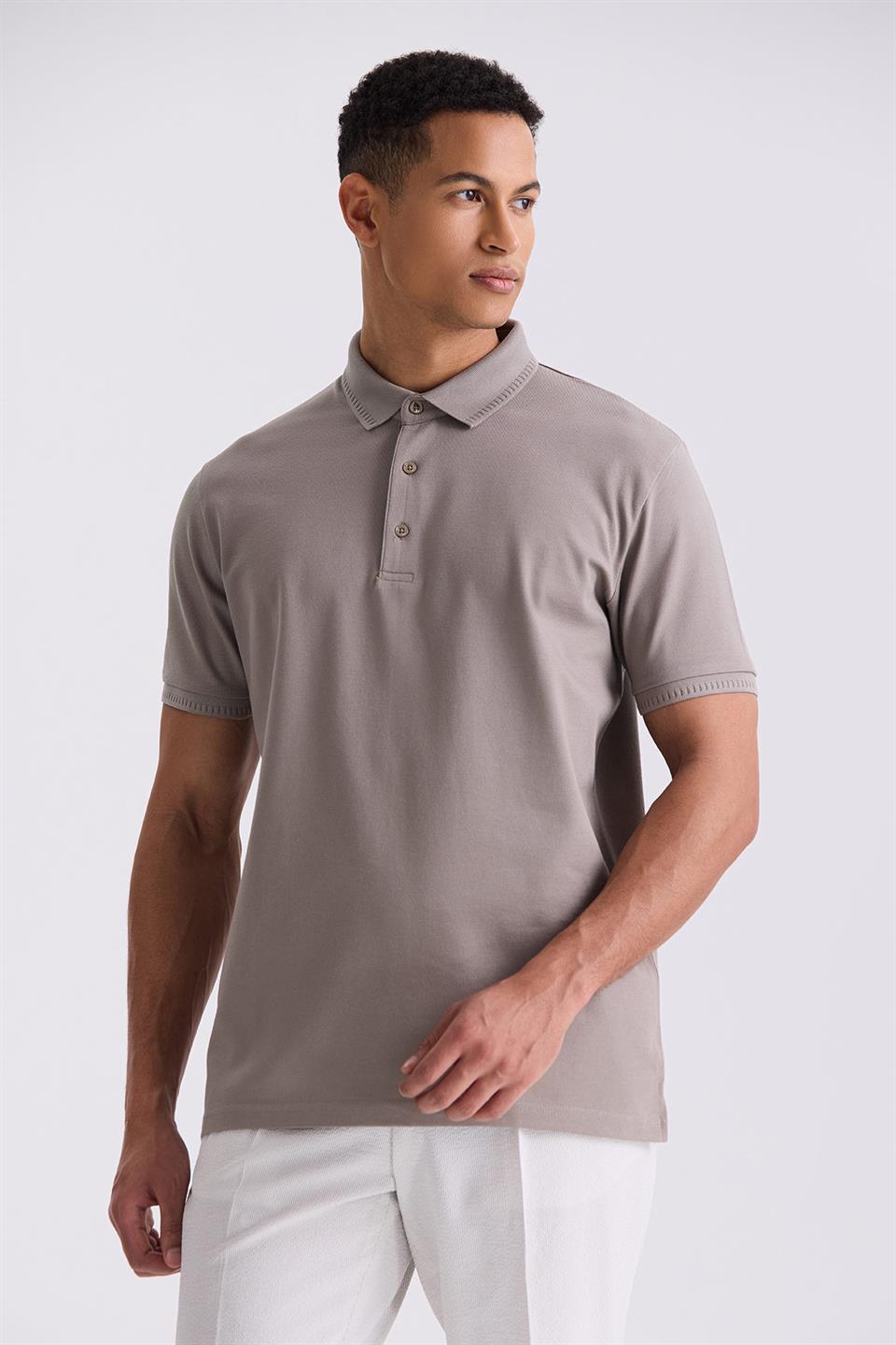 Sand Slim Fit 100% Cotton Mercerize Polo Collar T Shirt