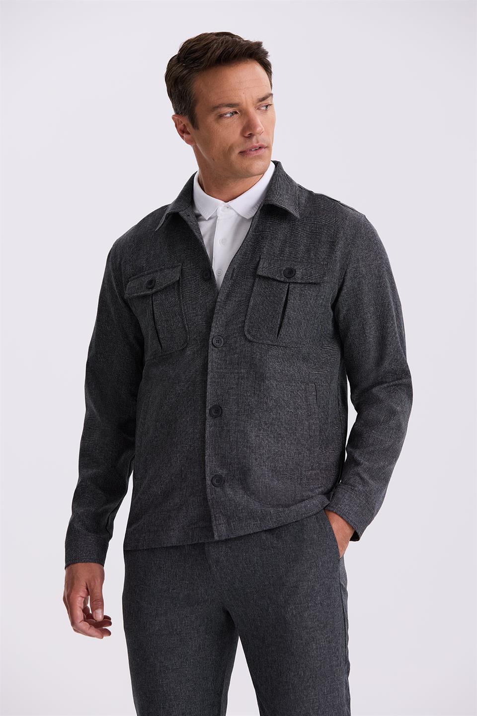 Black Slim Fit Baby Collar Sports Suit With A Pocket