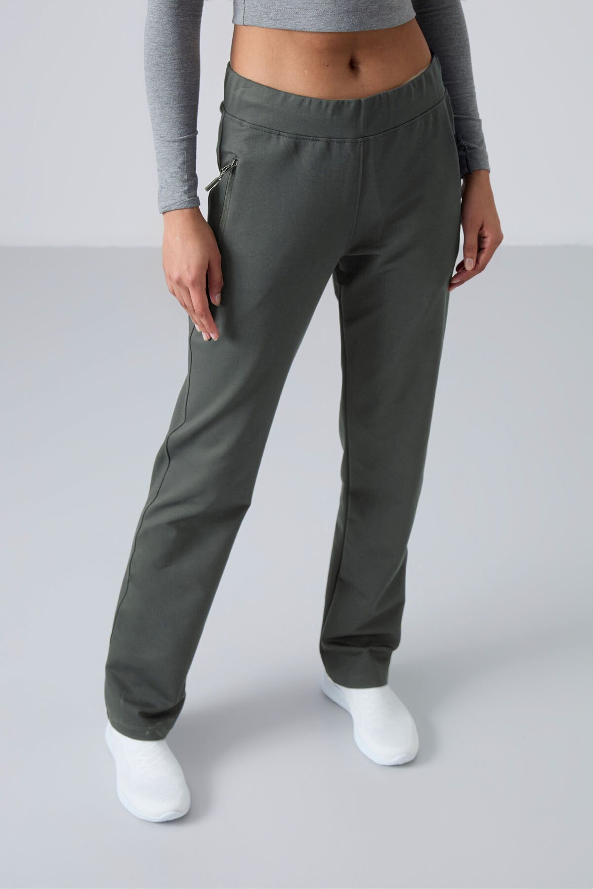 Khaki Zippered Pocket Comfort Fit Classic Hem Women's Tracksuit Bottom - 94195