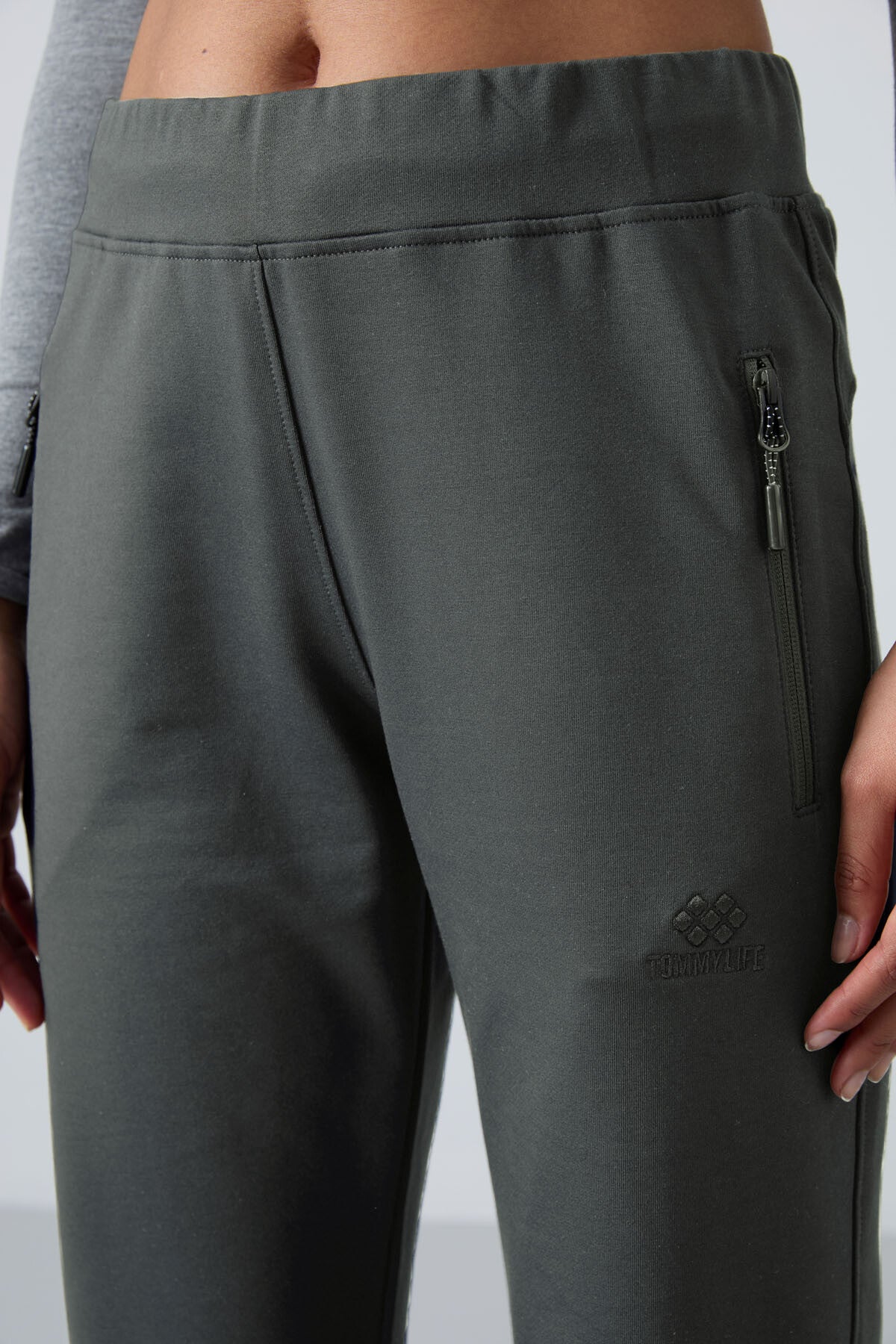 Khaki Zippered Pocket Comfort Fit Classic Hem Women's Tracksuit Bottom - 94195