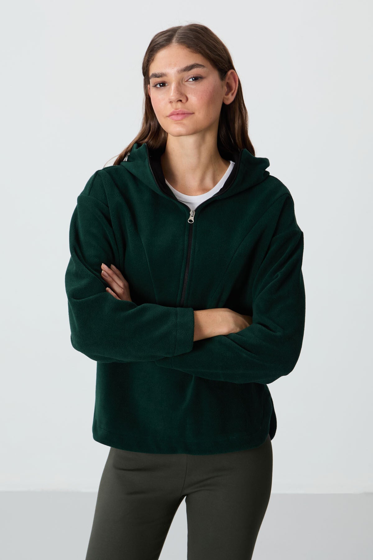 Forest Green Thick Soft Textured Hooded Oversize Embroidered Fleece Women's Sweatshirt -97286