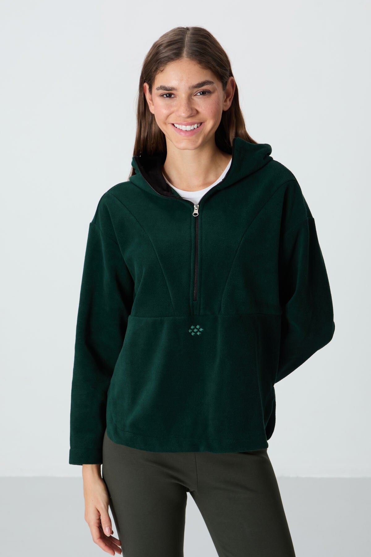 Forest Green Thick Soft Textured Hooded Oversize Embroidered Fleece Women's Sweatshirt -97286
