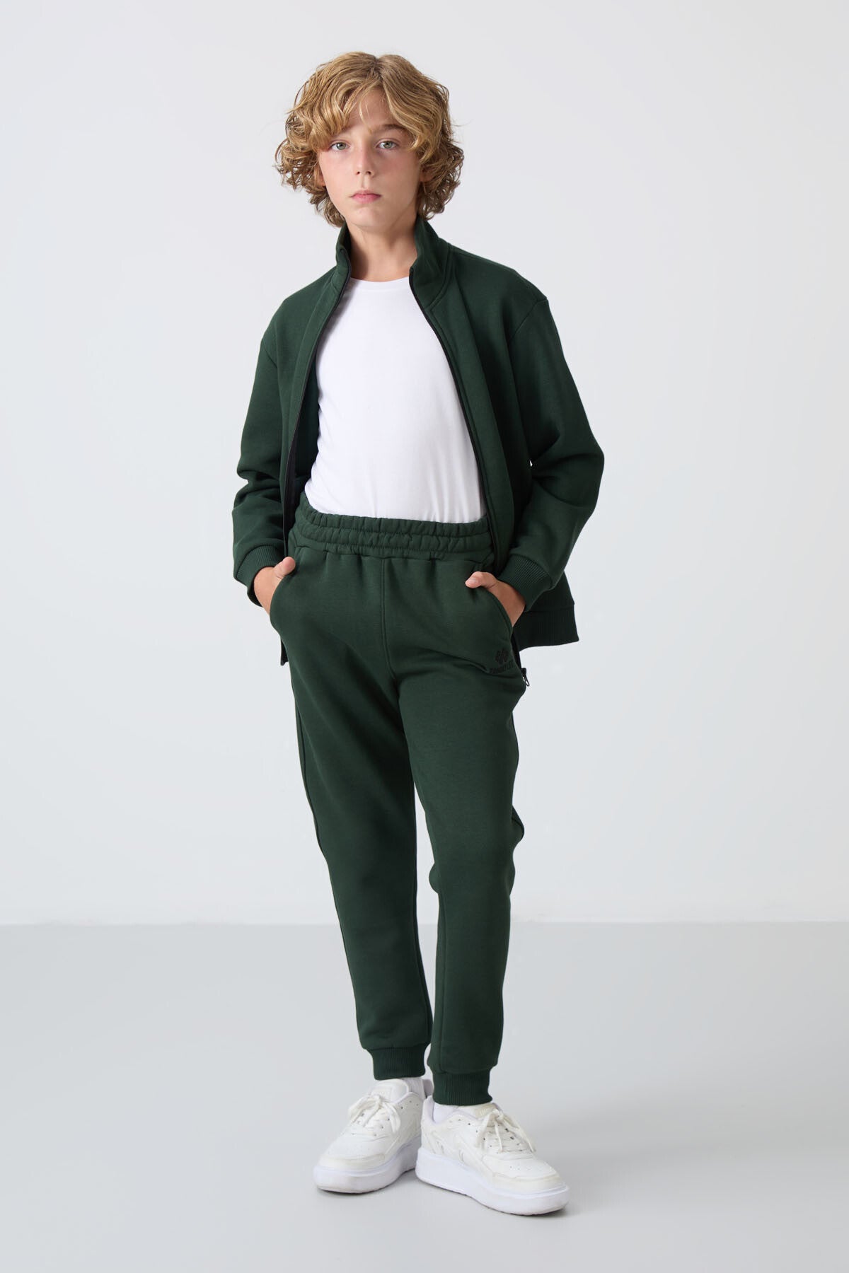 Forest Green Cotton Thick Fleece-Lined Soft Texture Standard Fit Embroidered Boys' Tracksuit Set - 11256