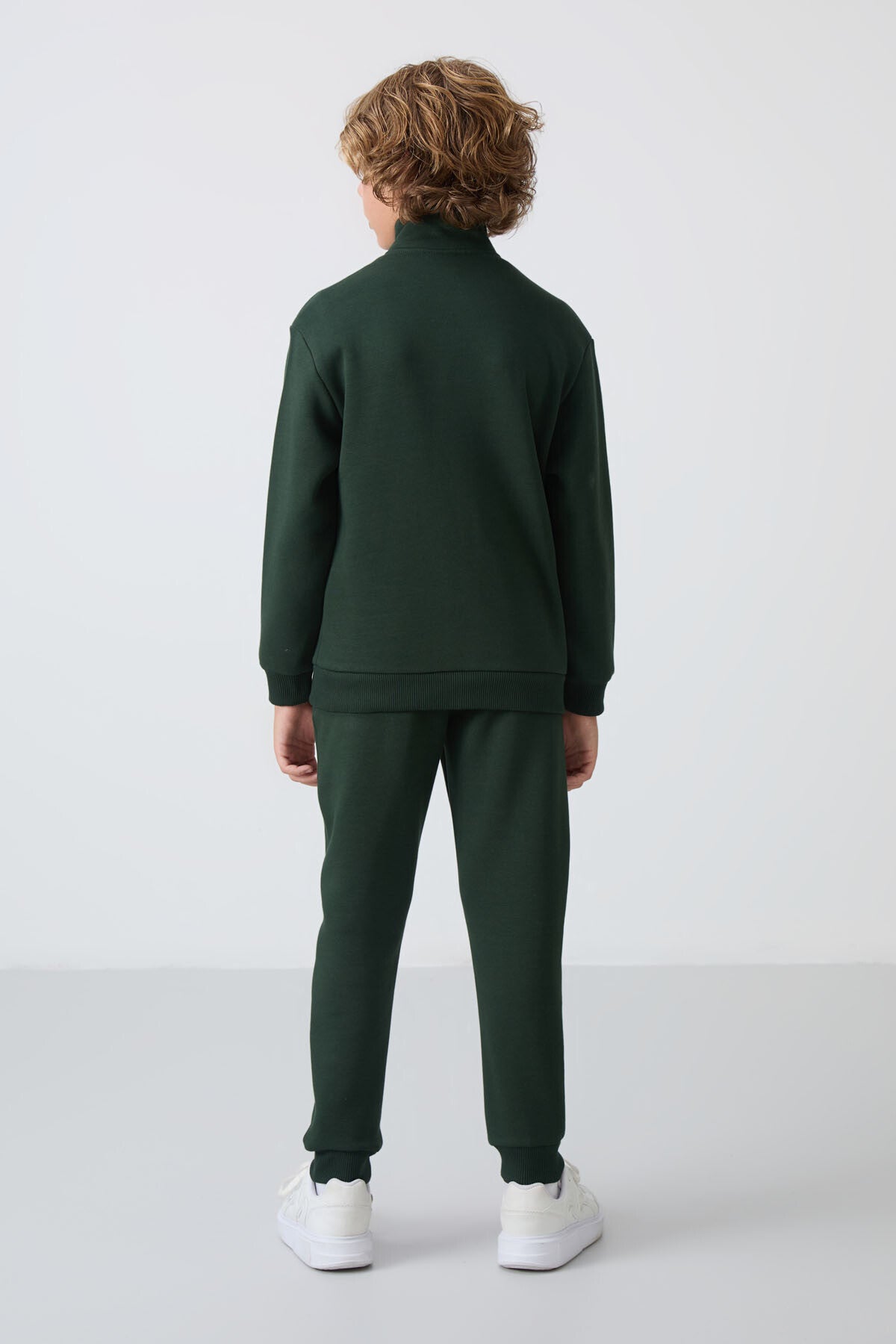 Forest Green Cotton Thick Fleece-Lined Soft Texture Standard Fit Embroidered Boys' Tracksuit Set - 11256
