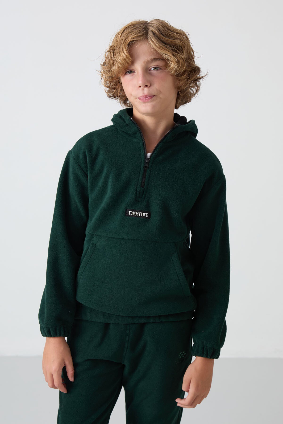 Pine Green Thick Soft Textured Standard Fit Embroidered Fleece Boys' Sweatshirt - 11230