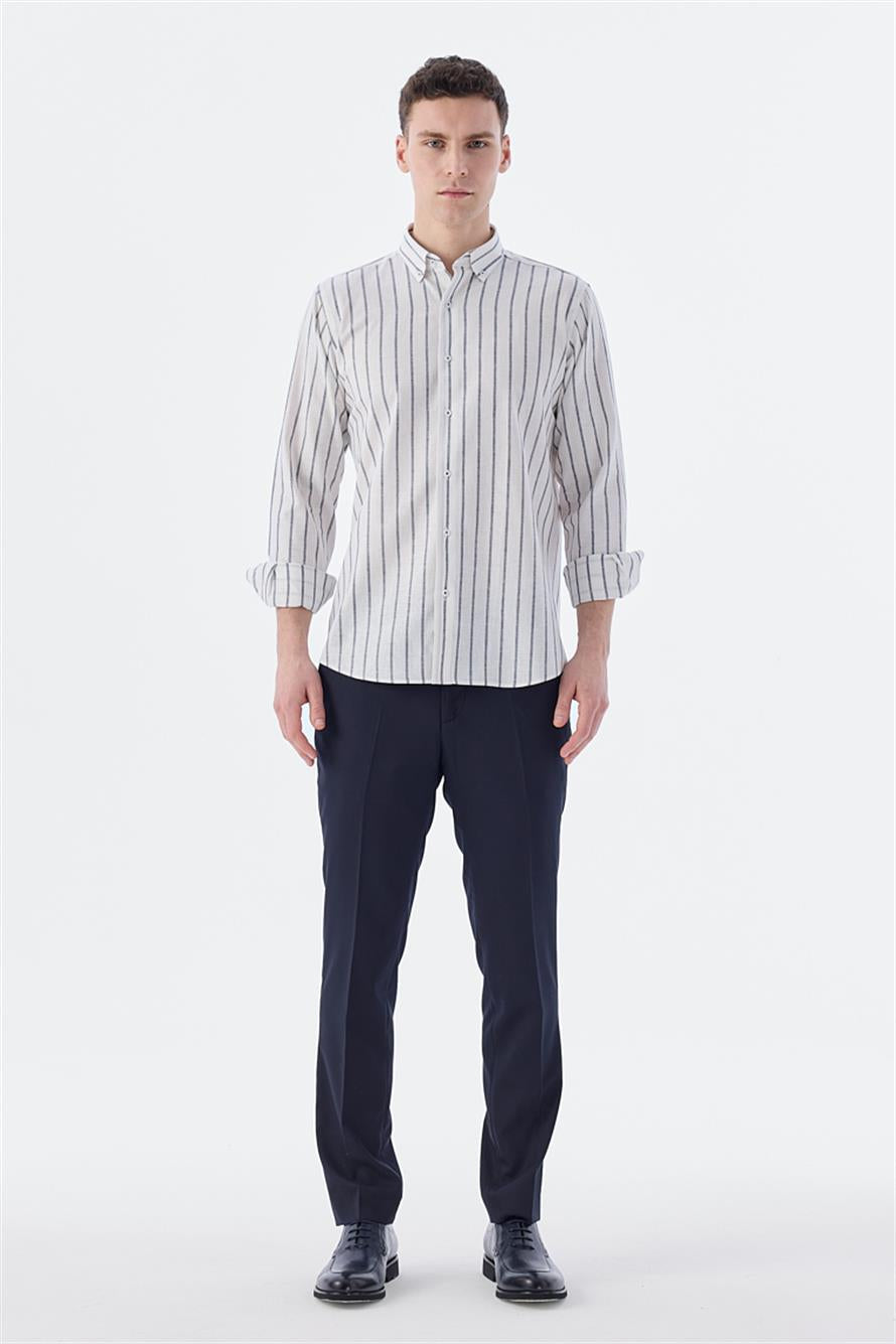 Navy Comfort Fit Cotton Striped Linen Shirt