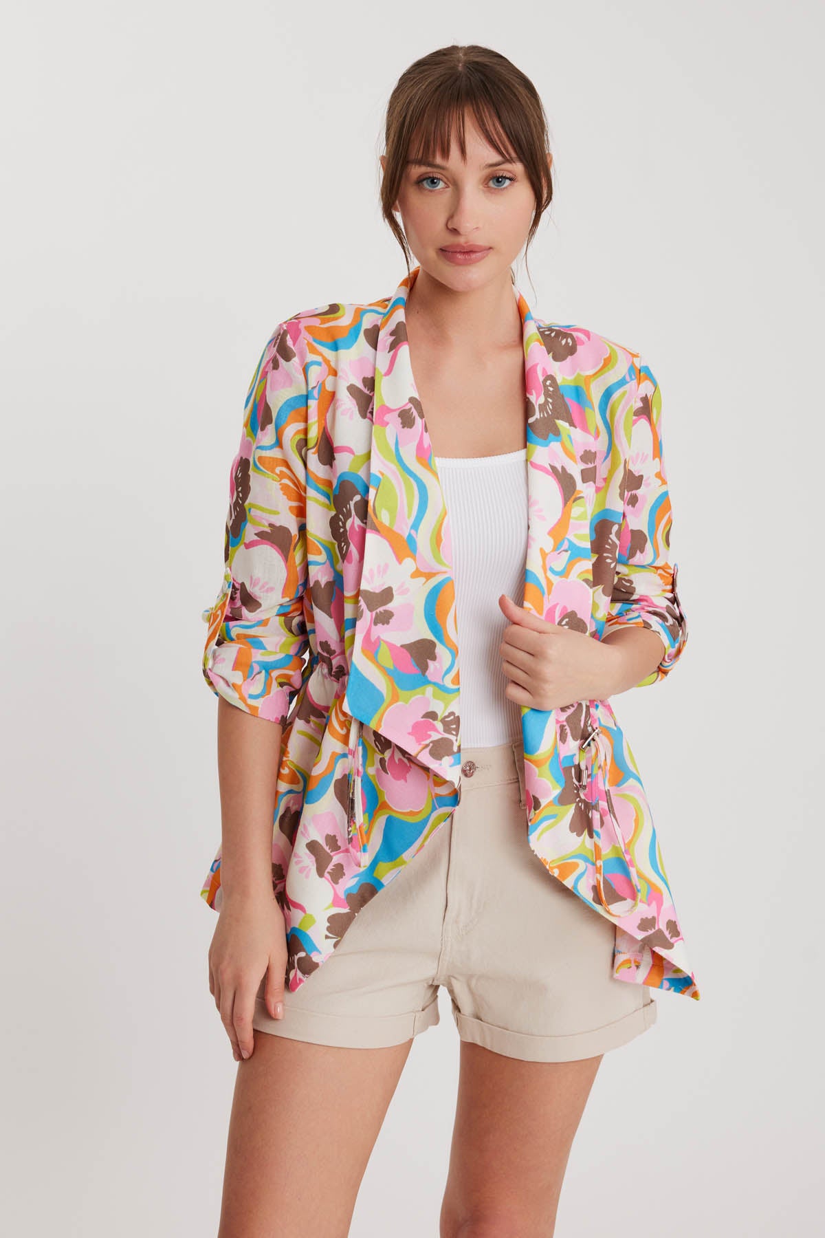 FLORAL PATTERN WAIST RUCKLED JACKET