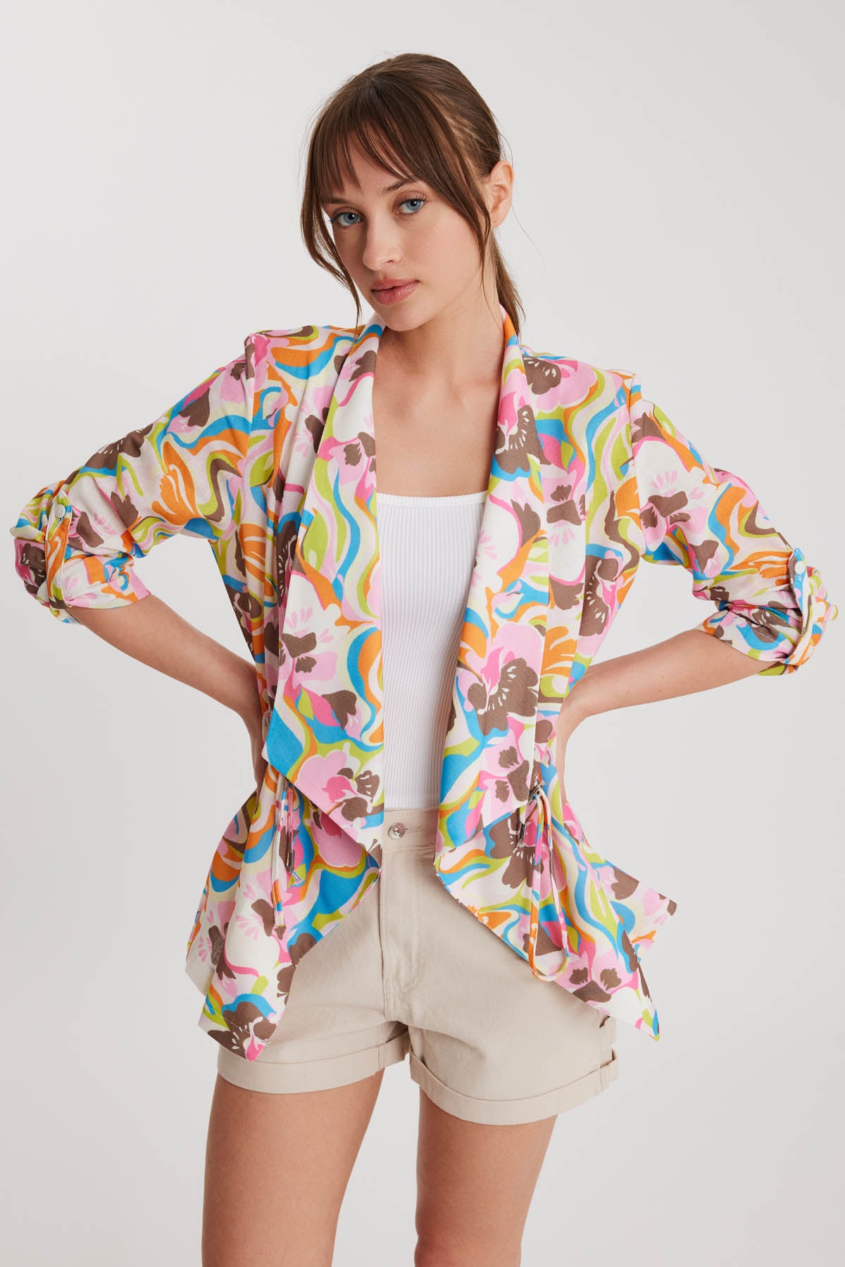 FLORAL PATTERN WAIST RUCKLED JACKET