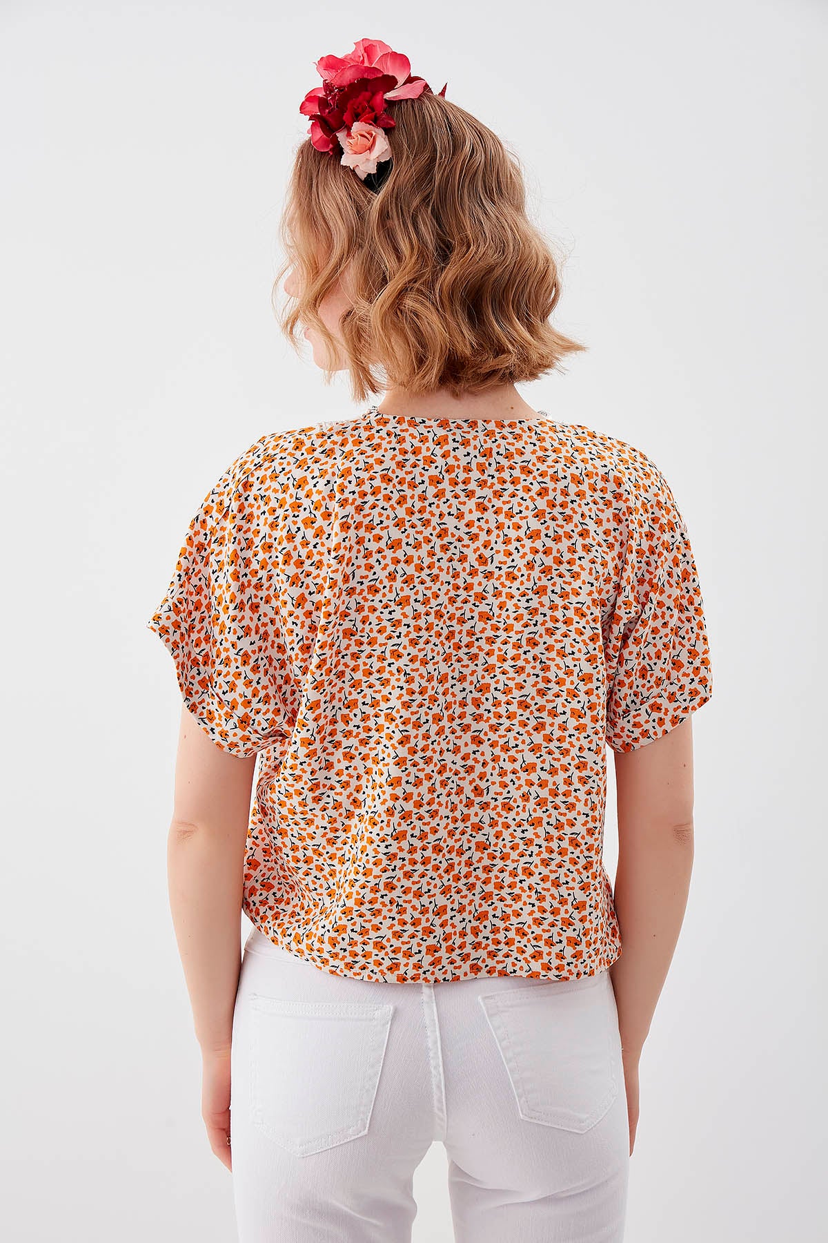 FLORAL PATTERN V COLLAR SHORT SLEEVE BLOUSE